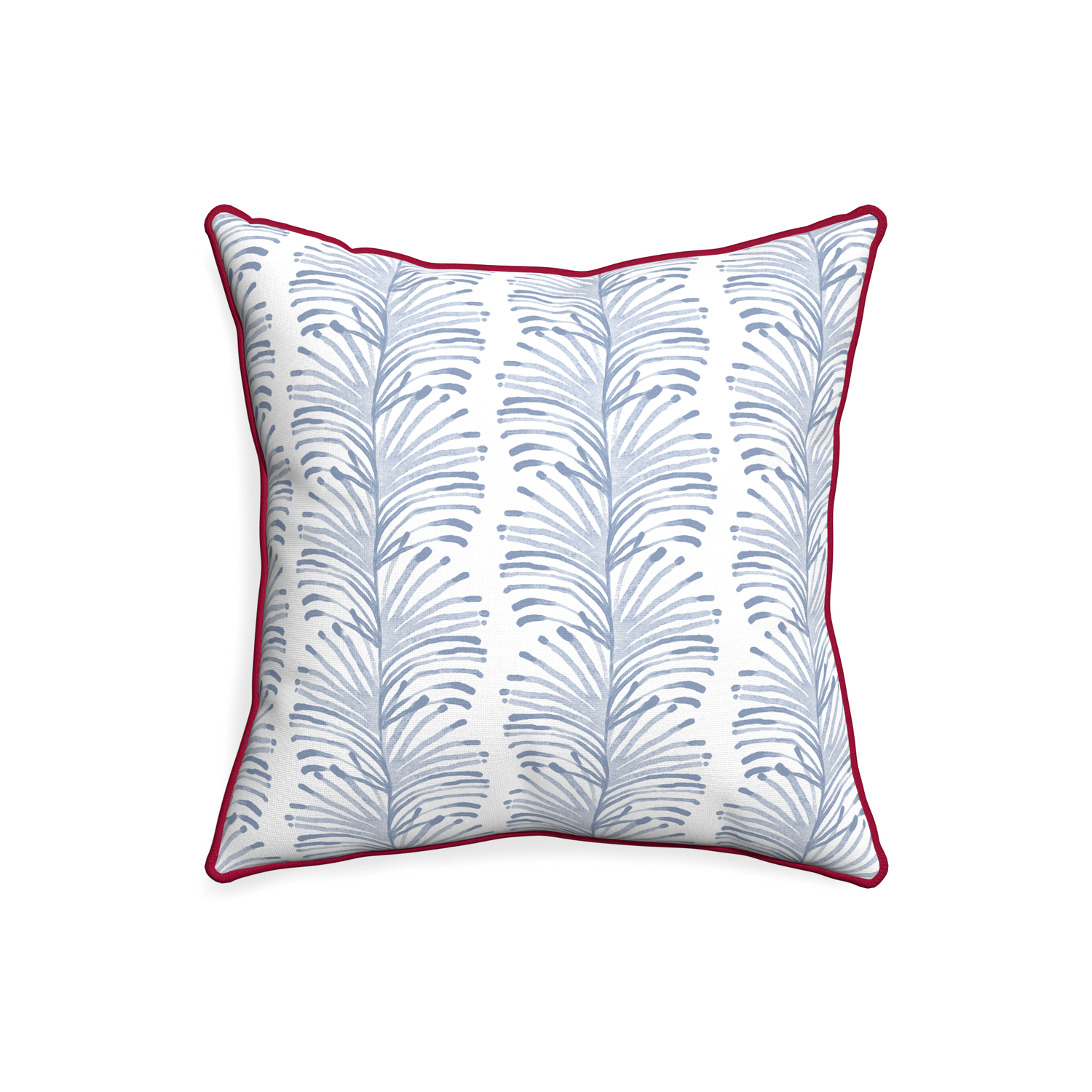 20-square emma sky custom pillow with raspberry piping on white background
