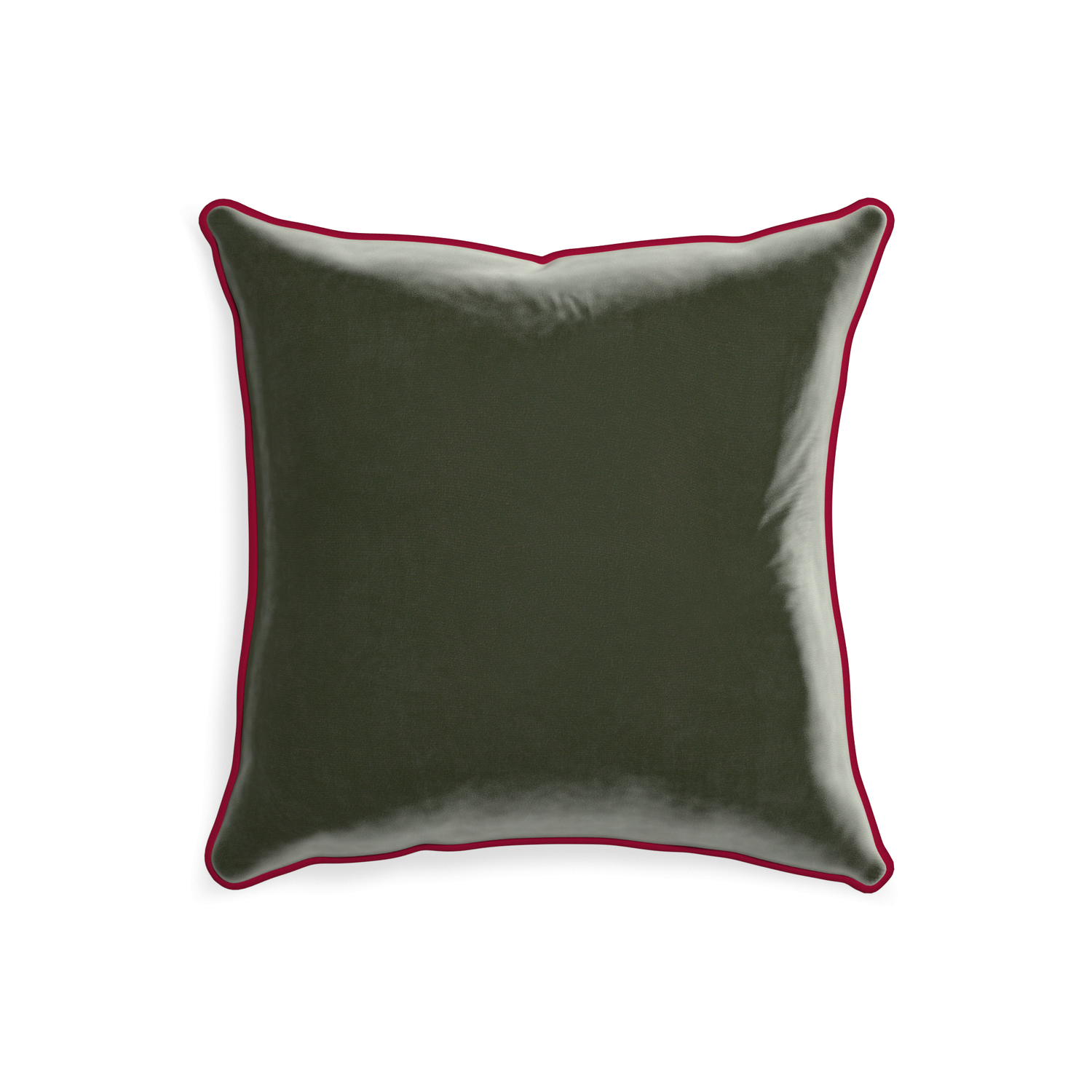 20-square fern velvet custom pillow with raspberry piping on white background