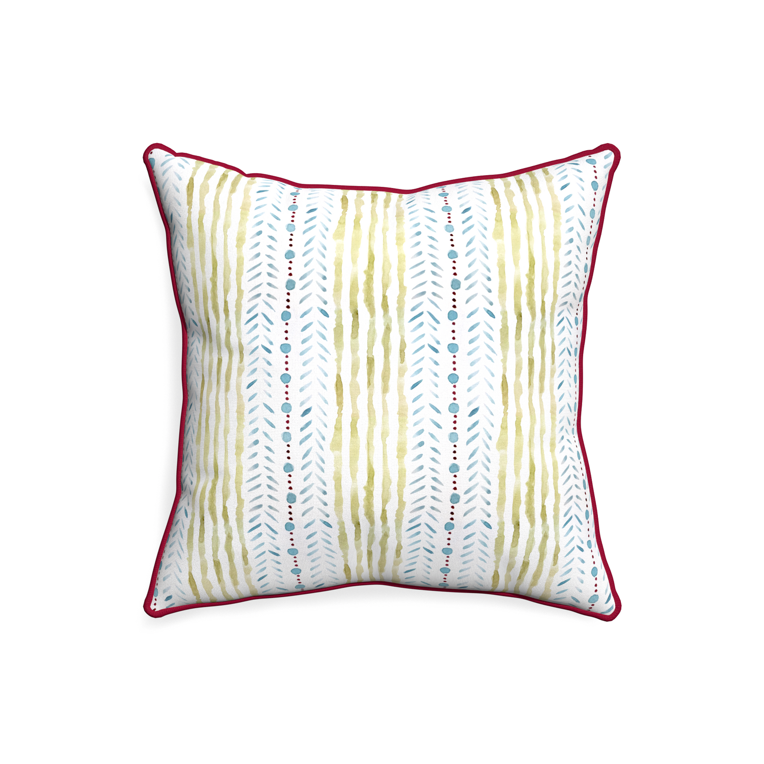 20-square julia custom blue & green stripedpillow with raspberry piping on white background