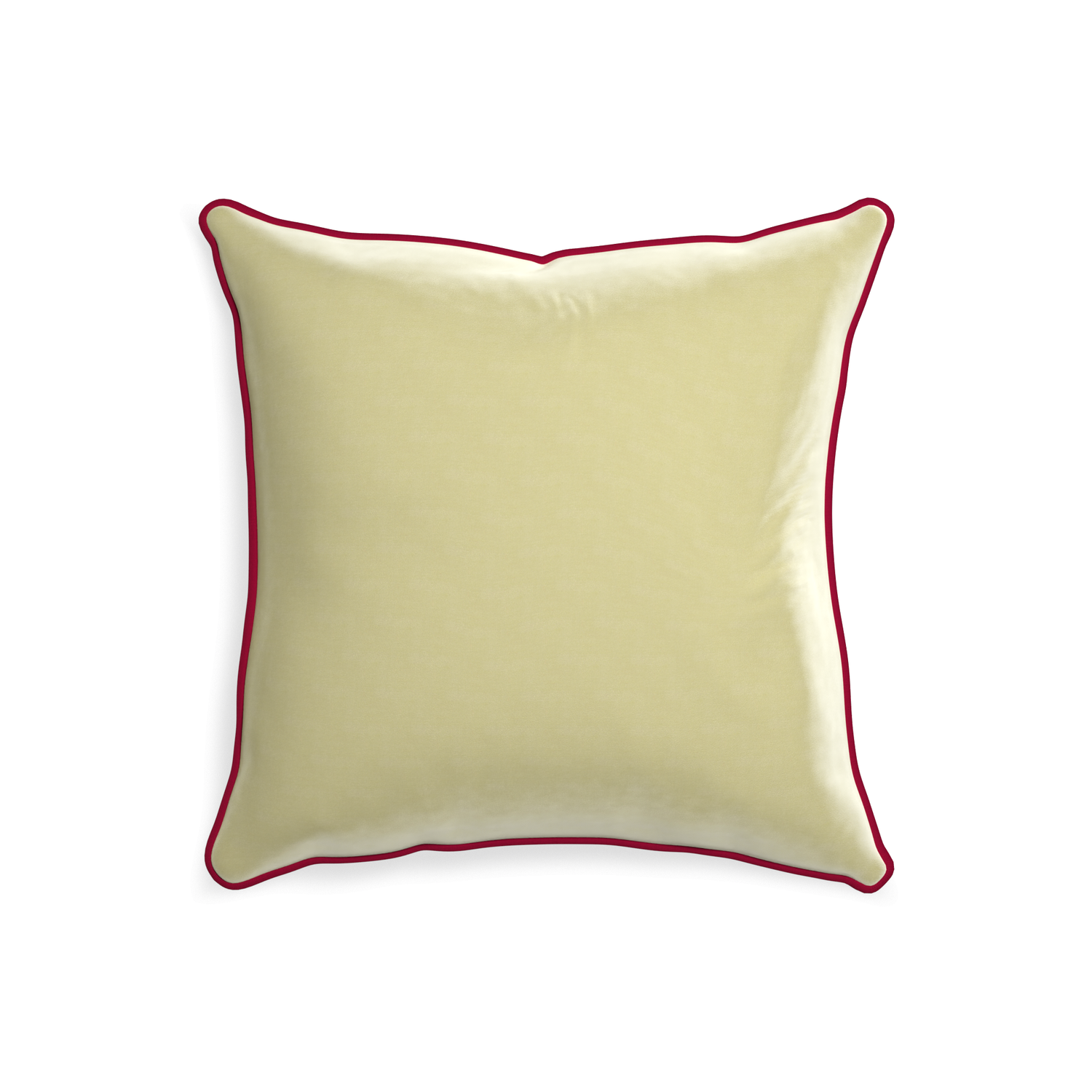 square light green velvet pillow with dark red piping