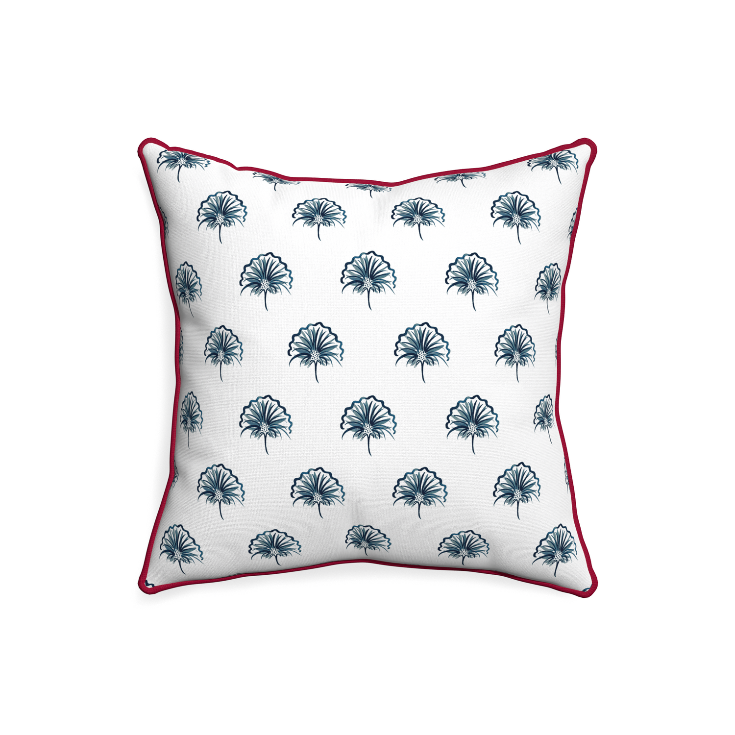 20-square penelope midnight custom pillow with raspberry piping on white background