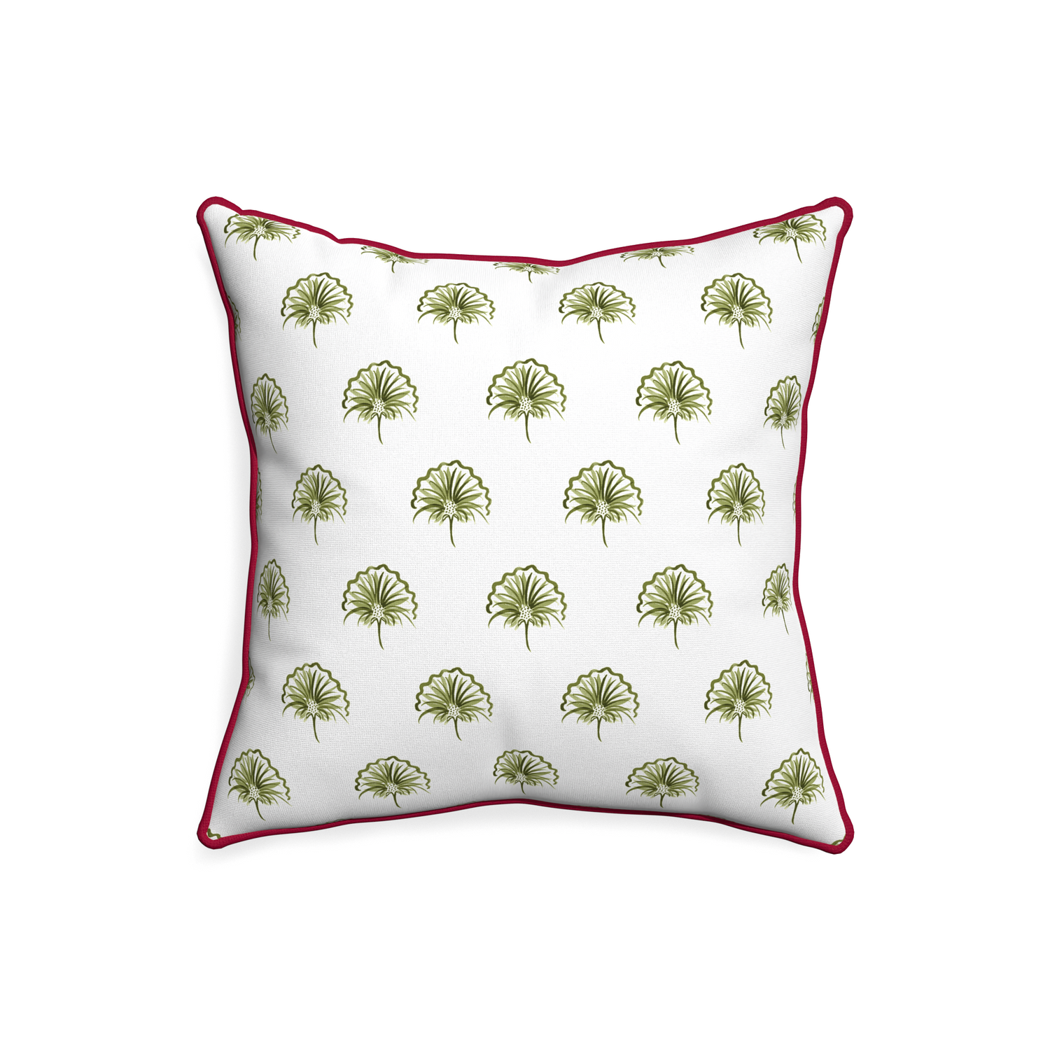 20-square penelope moss custom green floralpillow with raspberry piping on white background