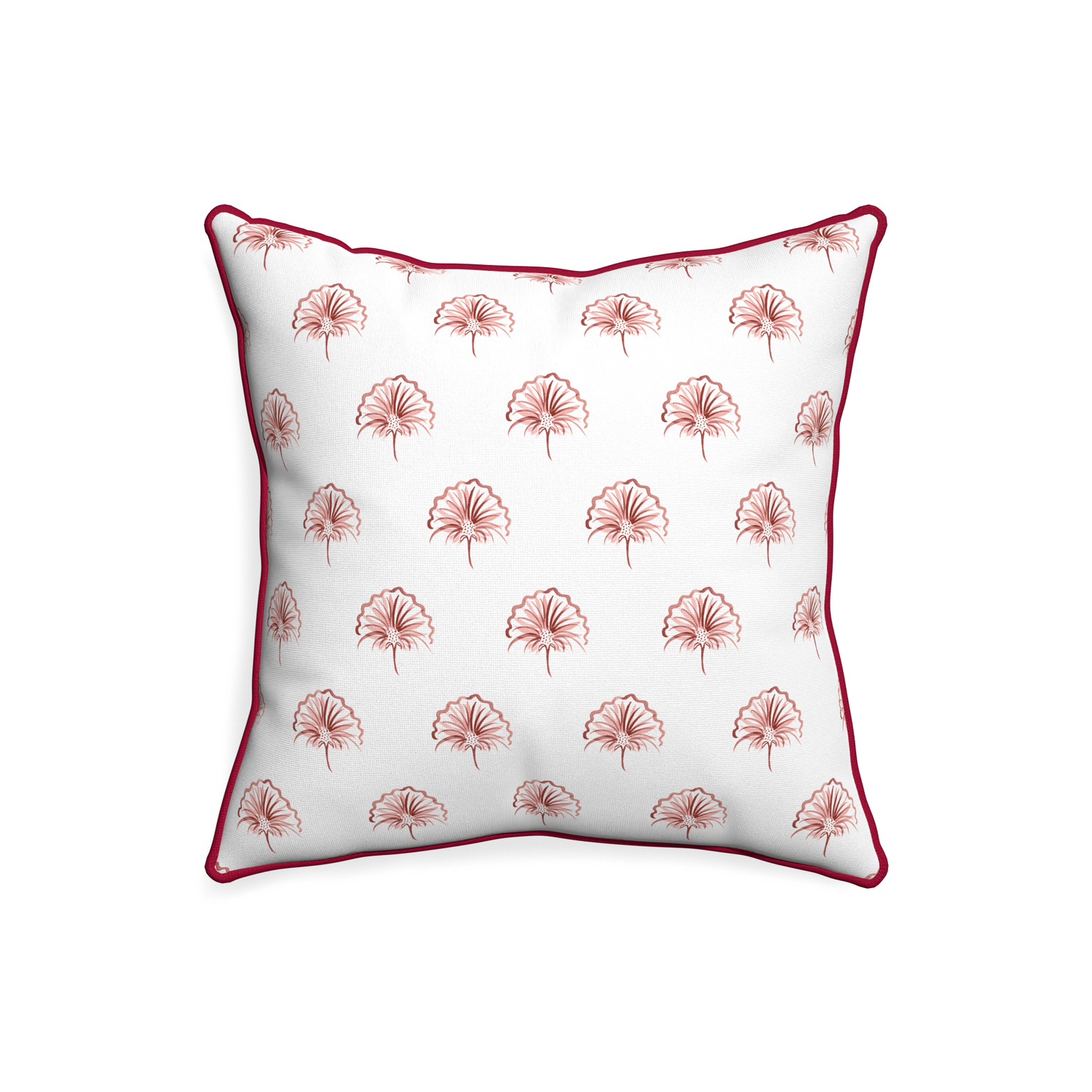 20-square penelope rose custom pillow with raspberry piping on white background