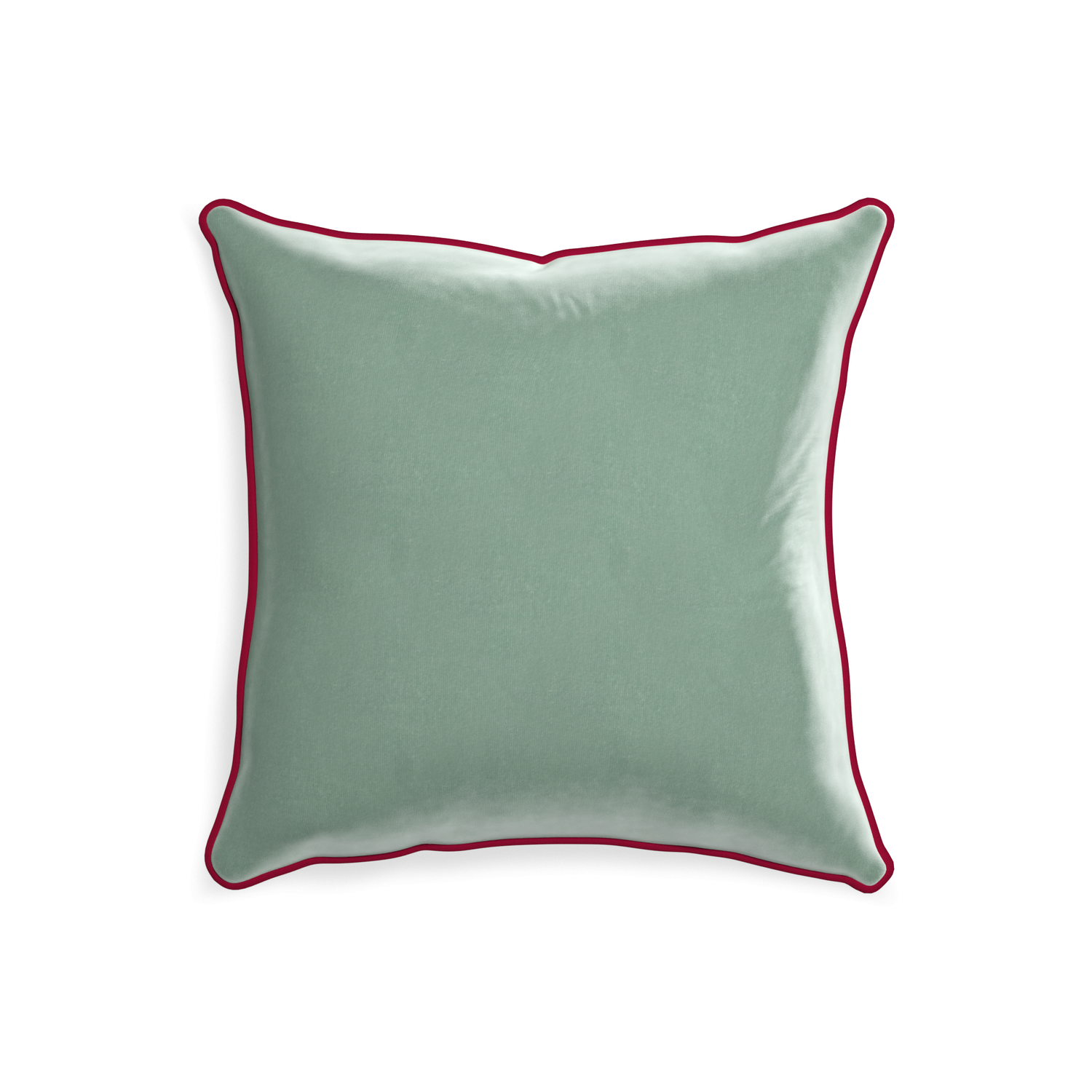 square blue green velvet pillow with dark red piping