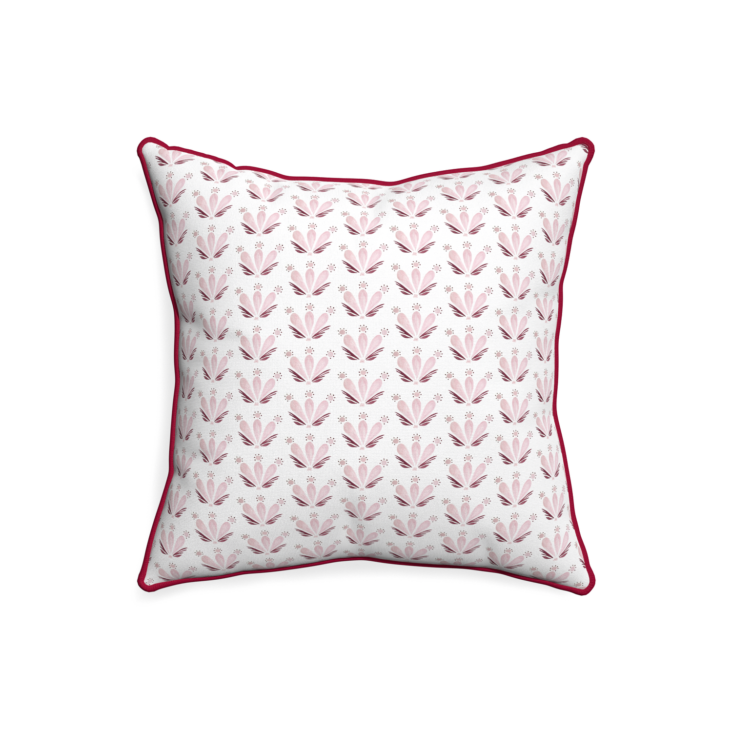 20-square serena pink custom pillow with raspberry piping on white background