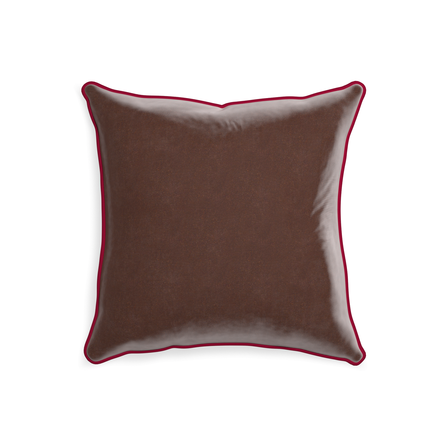 20-square walnut velvet custom pillow with raspberry piping on white background