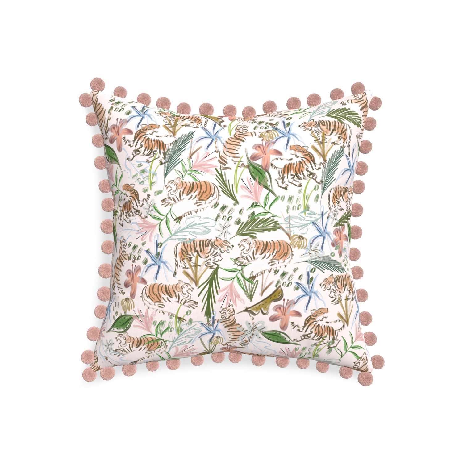 20-square frida pink custom pink chinoiserie tigerpillow with rose pom pom on white background