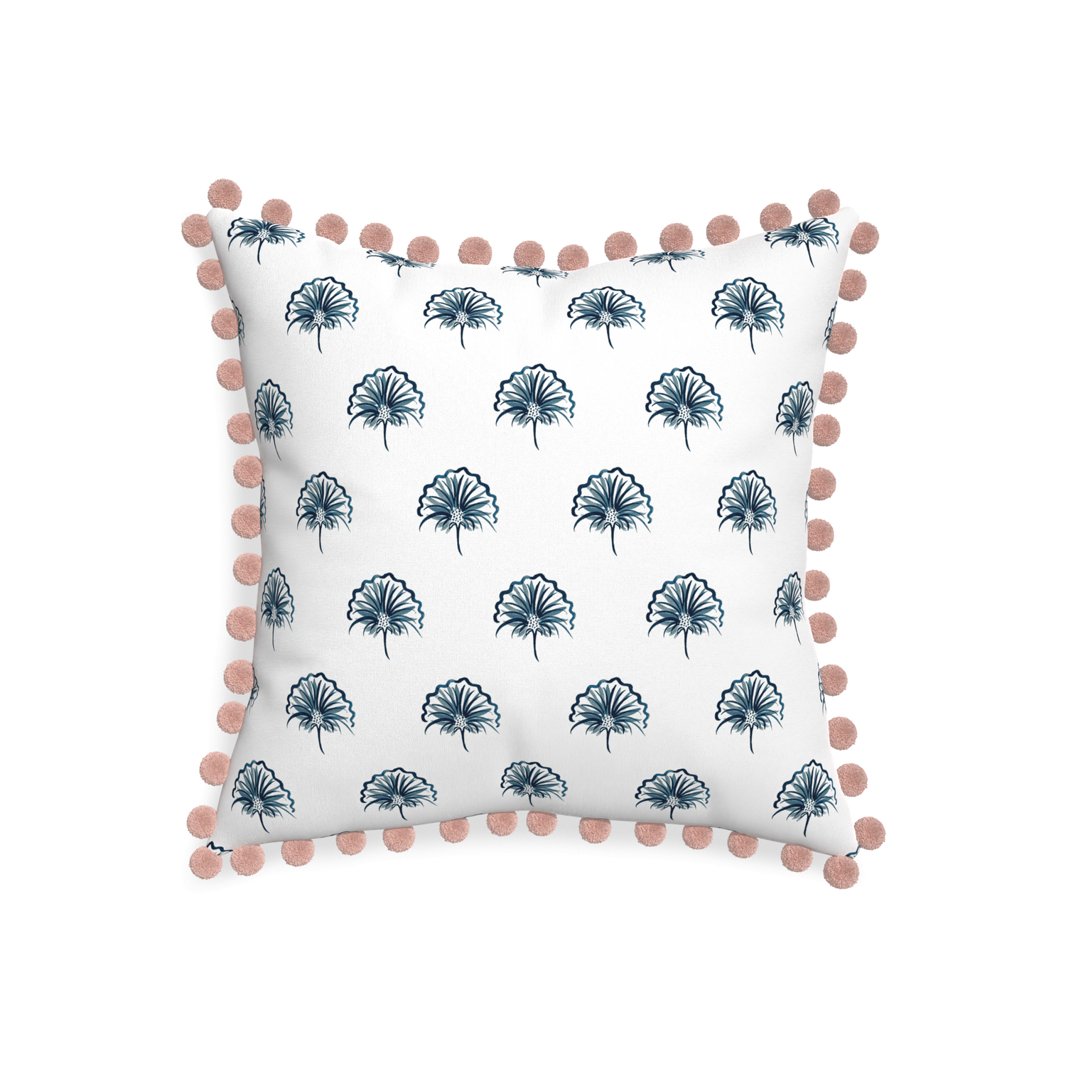 20-square penelope midnight custom floral navypillow with rose pom pom on white background