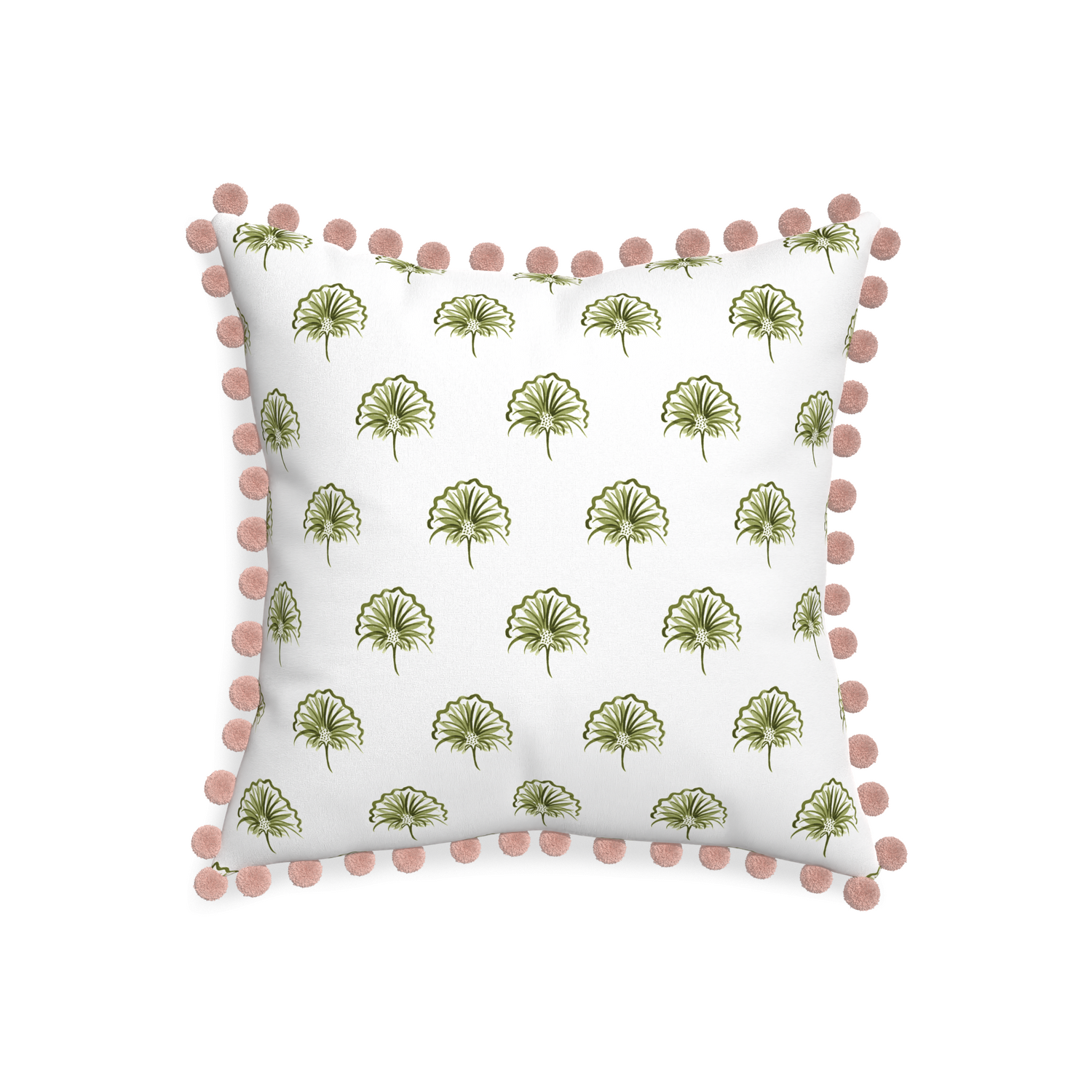 20-square penelope moss custom green floralpillow with rose pom pom on white background