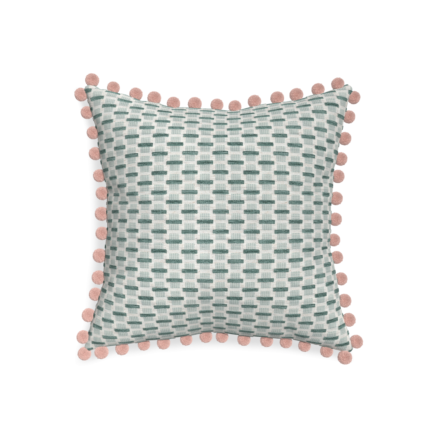 20-square willow mint custom green geometric chenillepillow with rose pom pom on white background