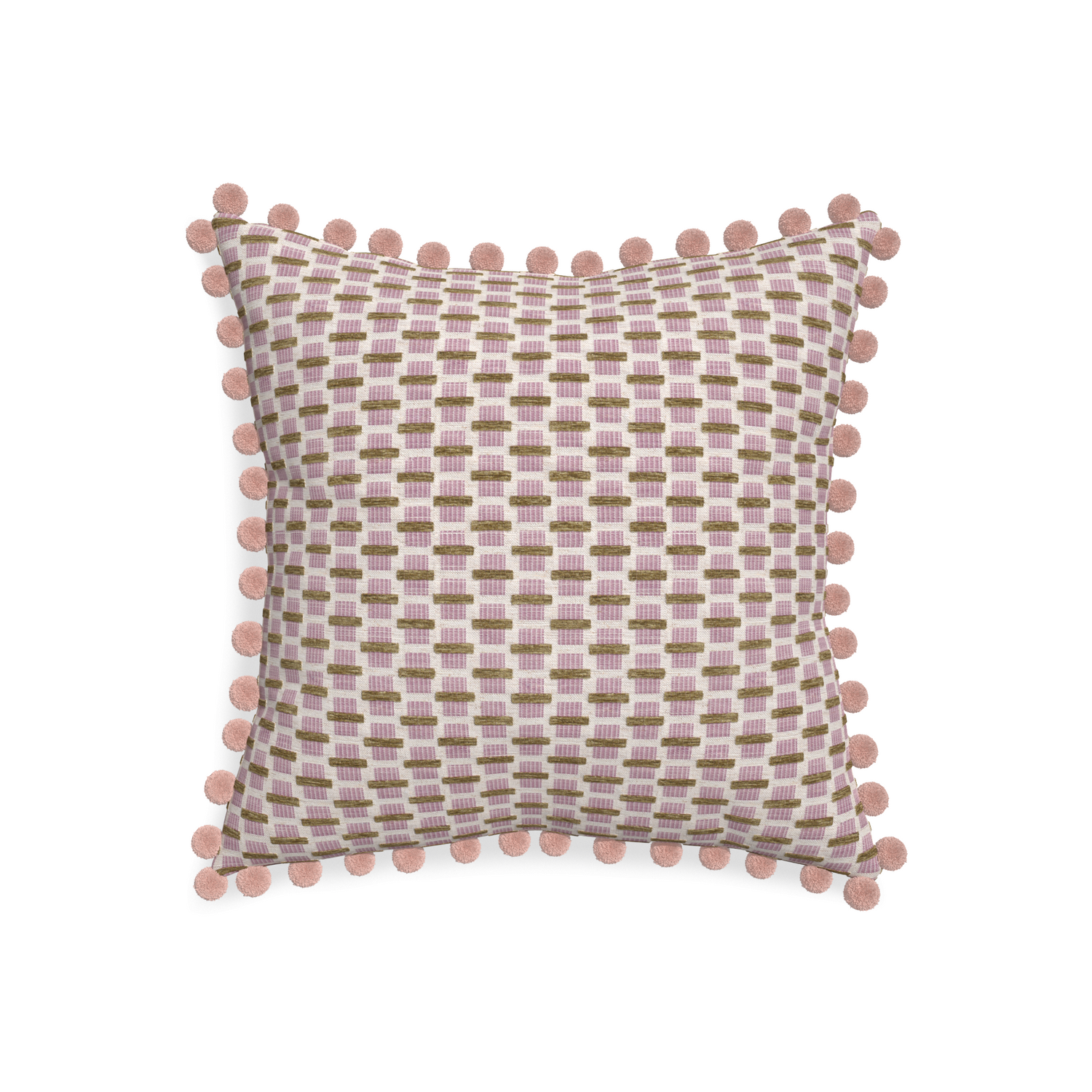 20-square willow orchid custom pink geometric chenillepillow with rose pom pom on white background