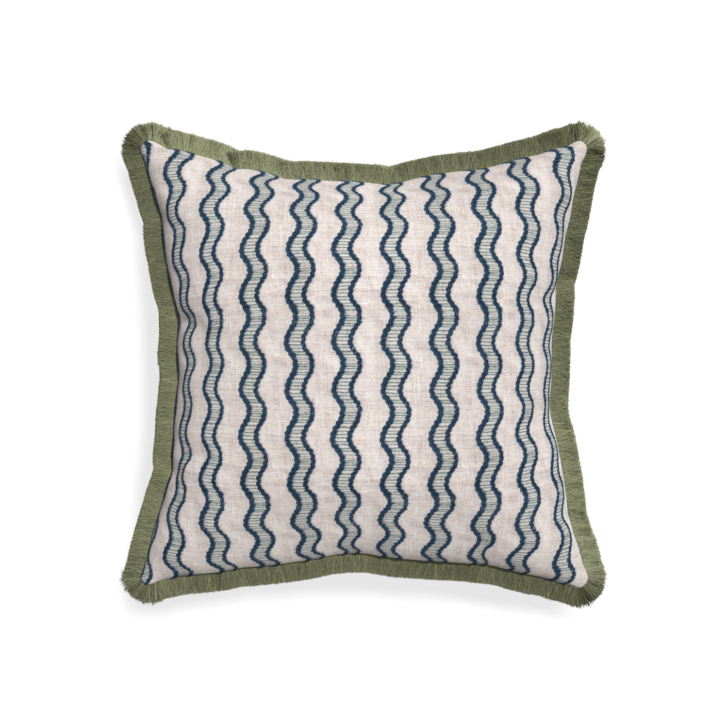 20-square beatrice custom embroidered wavepillow with sage fringe on white background