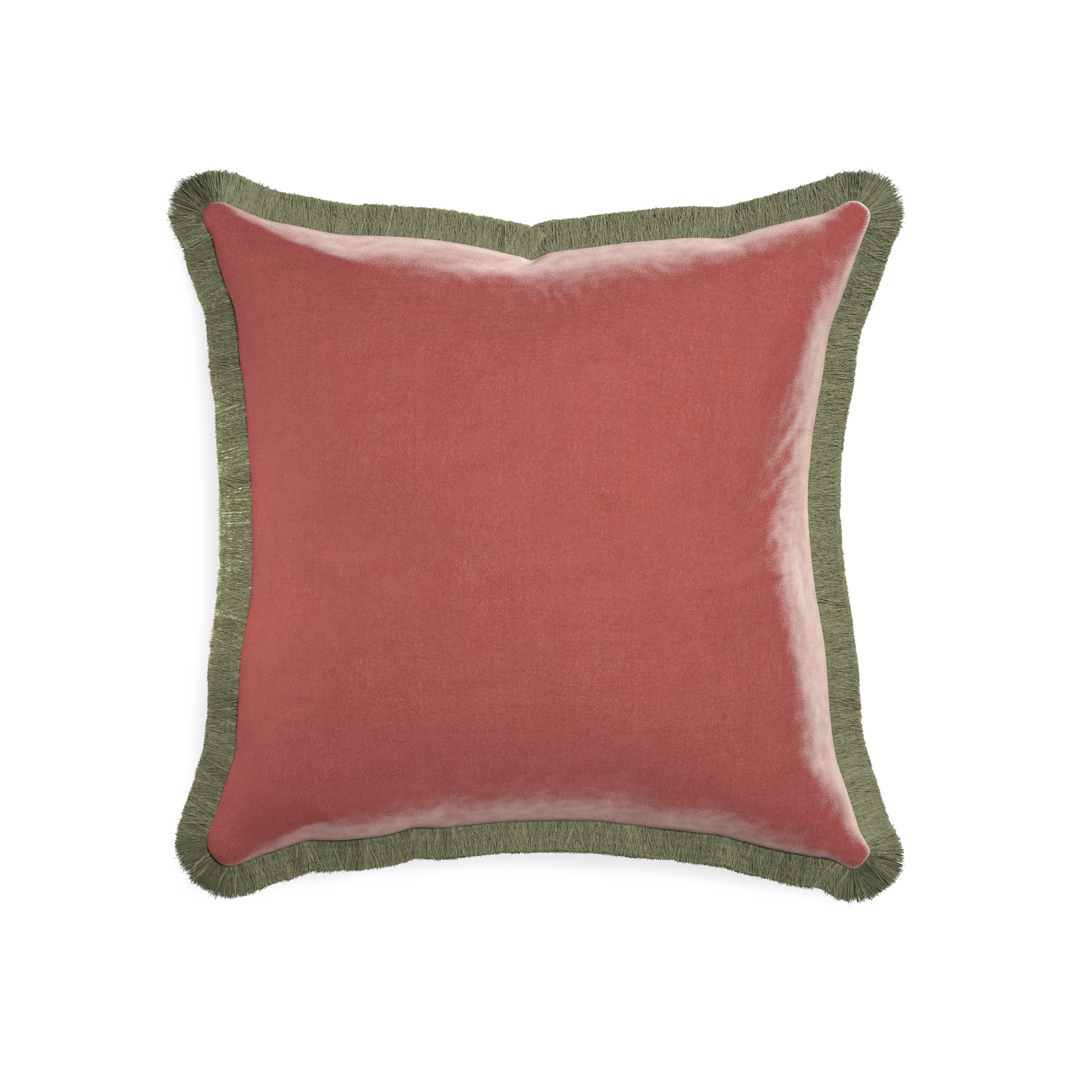 square coral velvet pillow with sage green fringe
