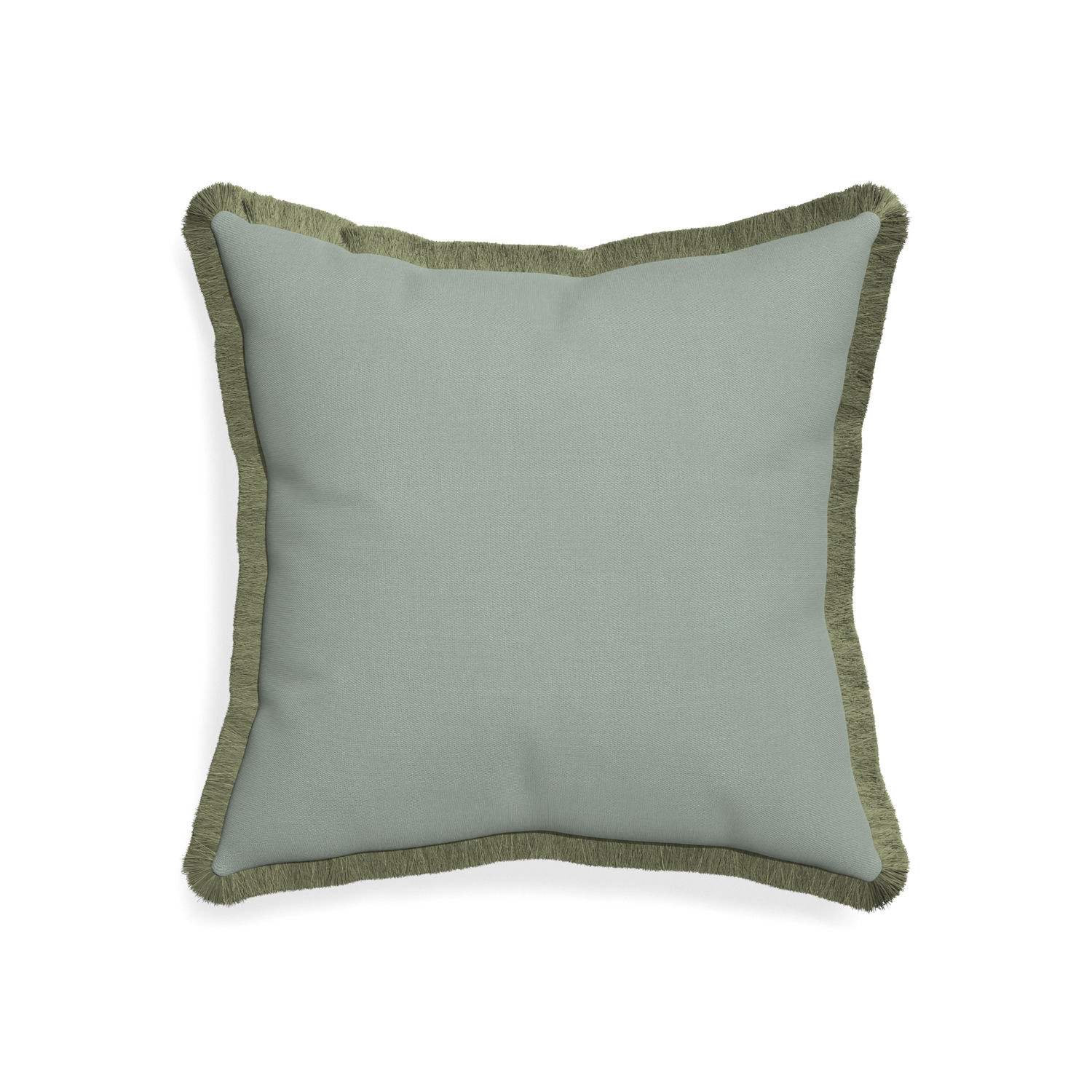 20-square sage custom pillow with sage fringe on white background
