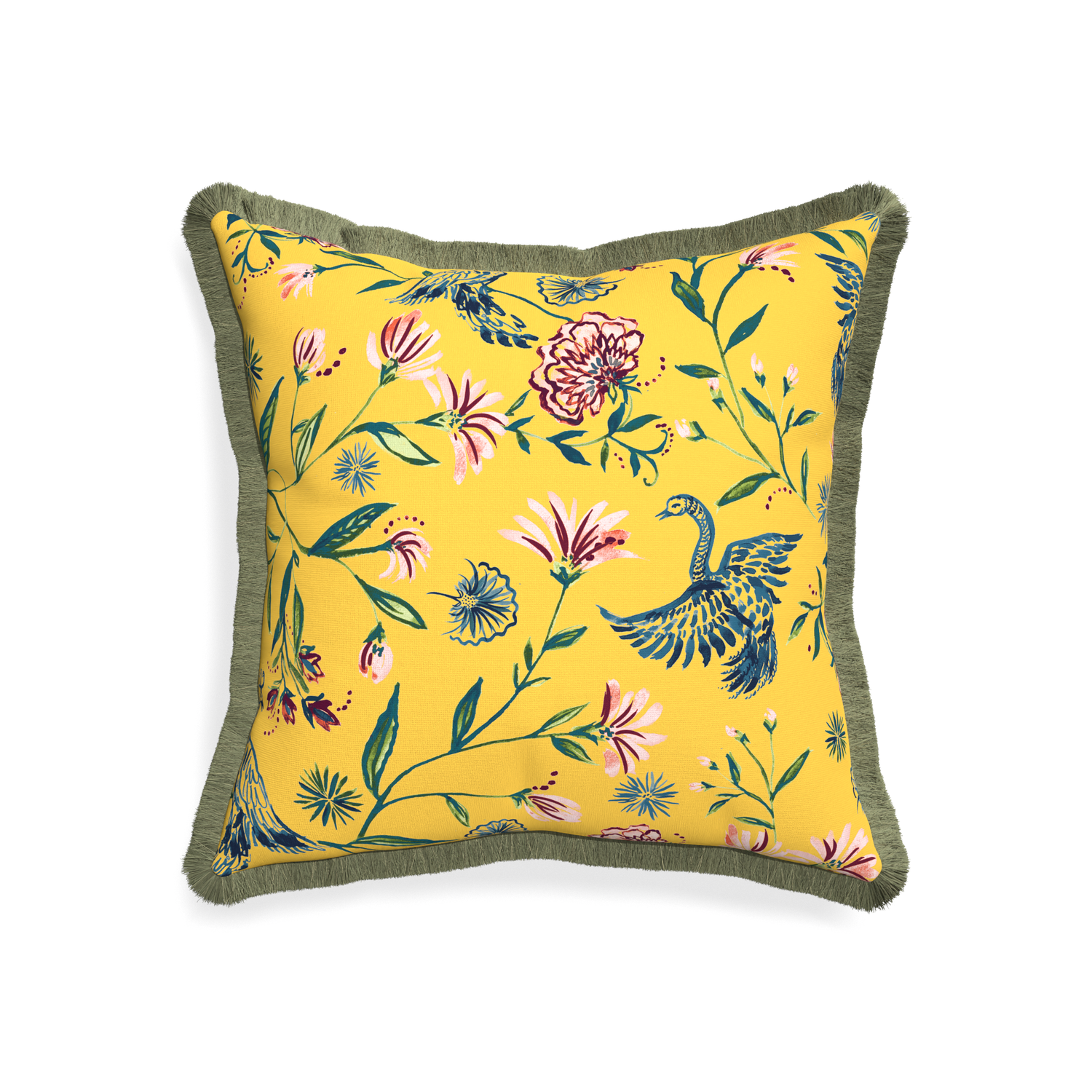20-square daphne canary custom pillow with sage fringe on white background