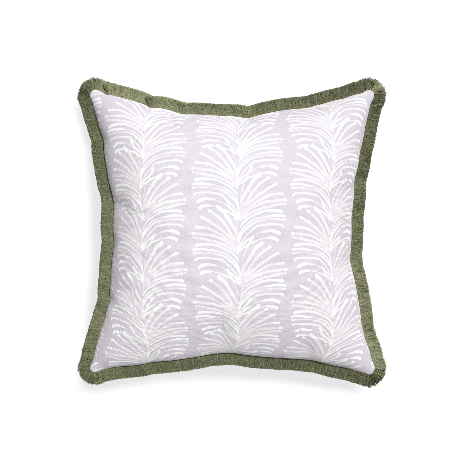 20-square emma lavender custom pillow with sage fringe on white background