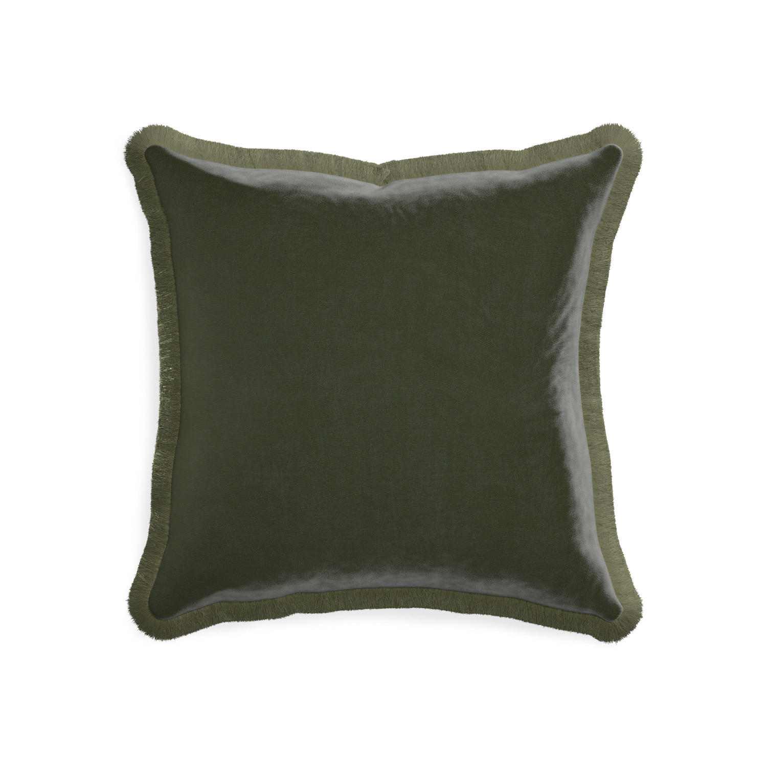 square fern green velvet pillow with sage green fringe 