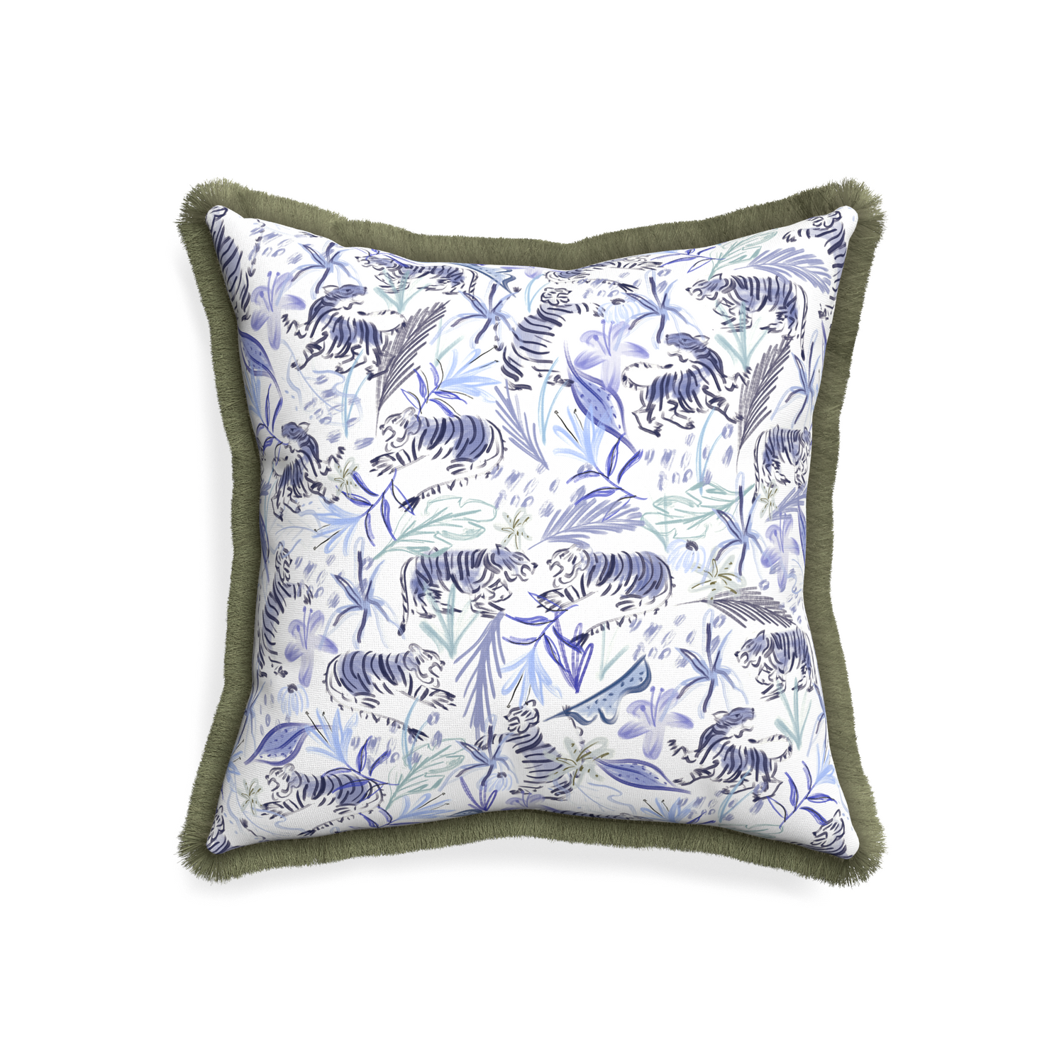 20-square frida blue custom blue with intricate tiger designpillow with sage fringe on white background