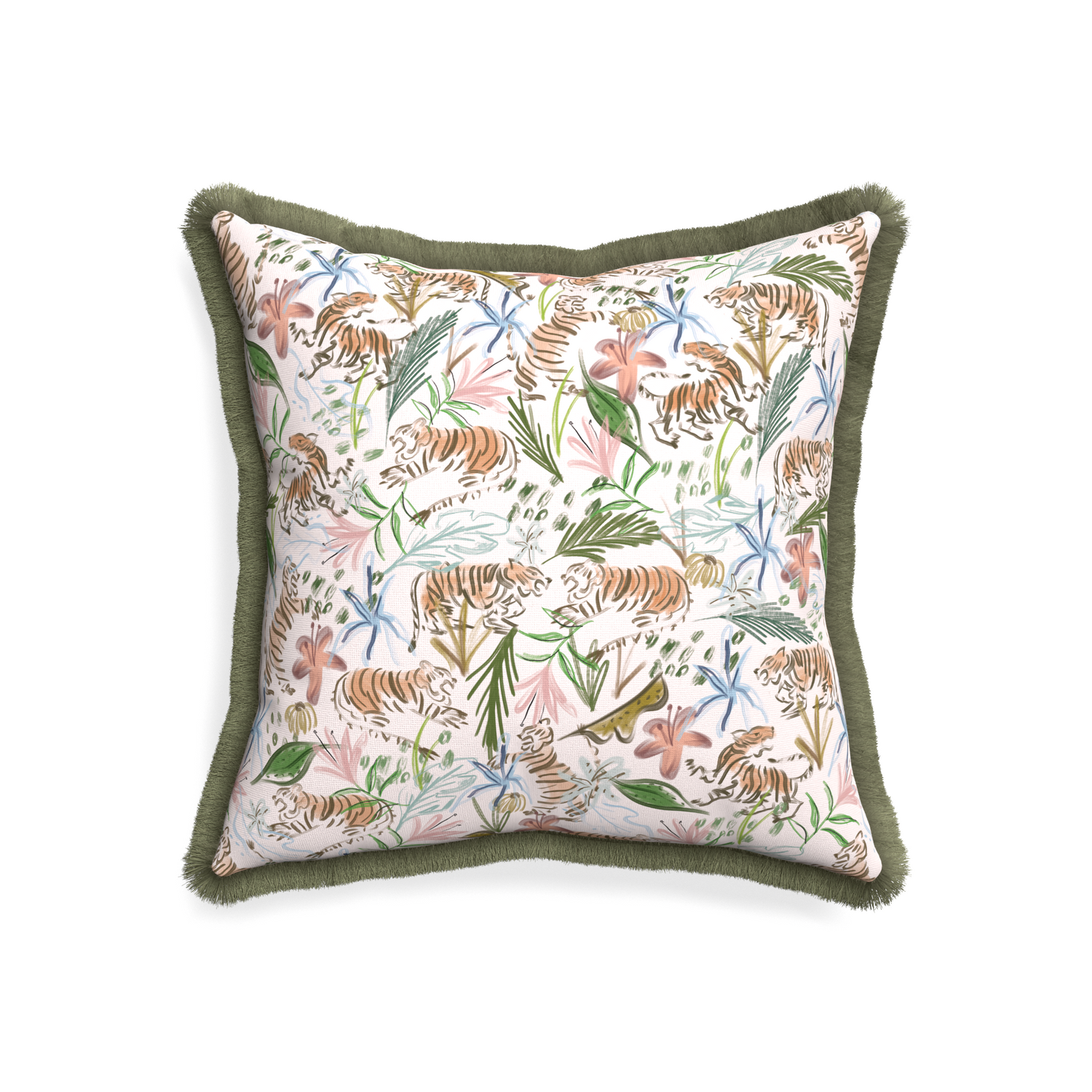 20-square frida pink custom pink chinoiserie tigerpillow with sage fringe on white background