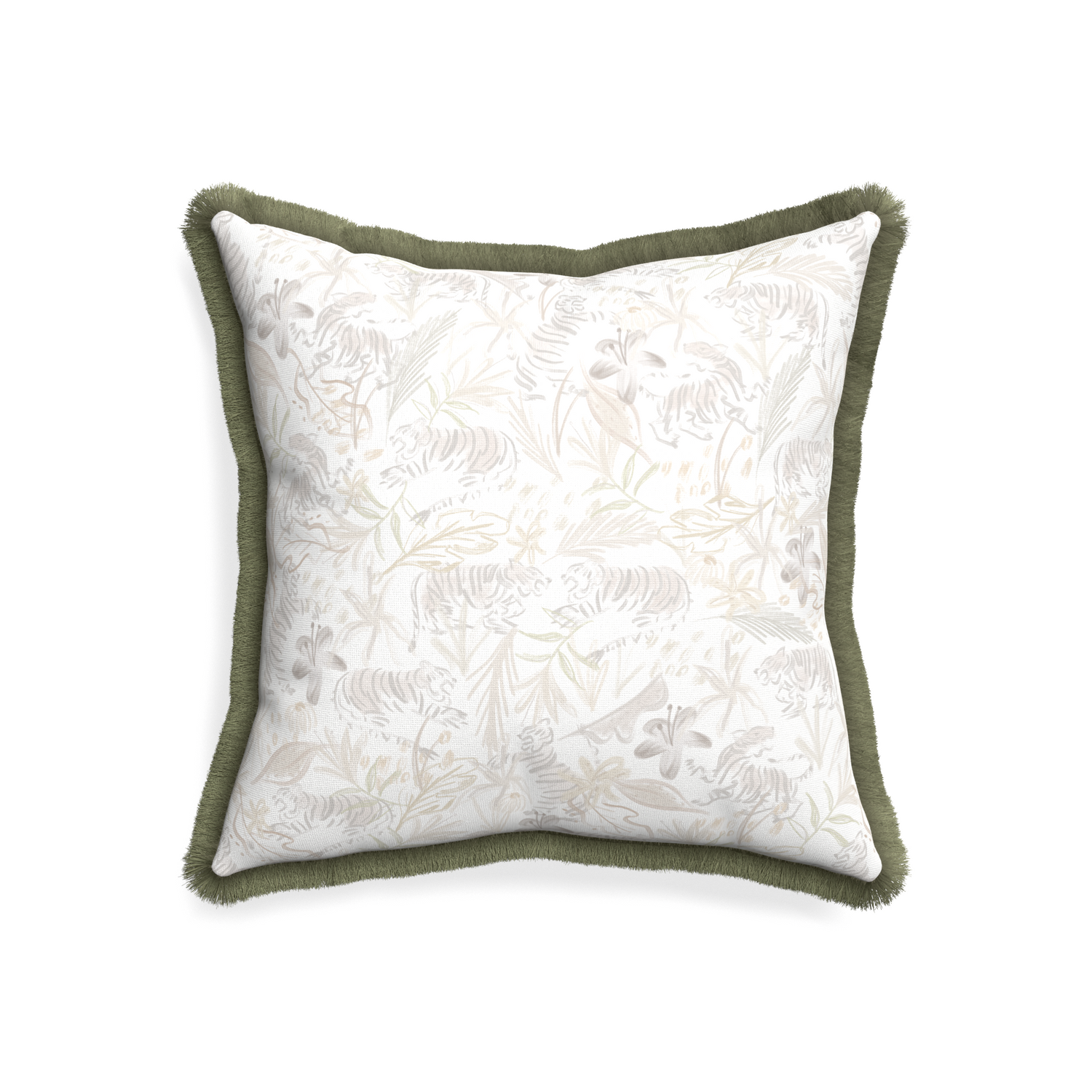 20-square frida sand custom pillow with sage fringe on white background