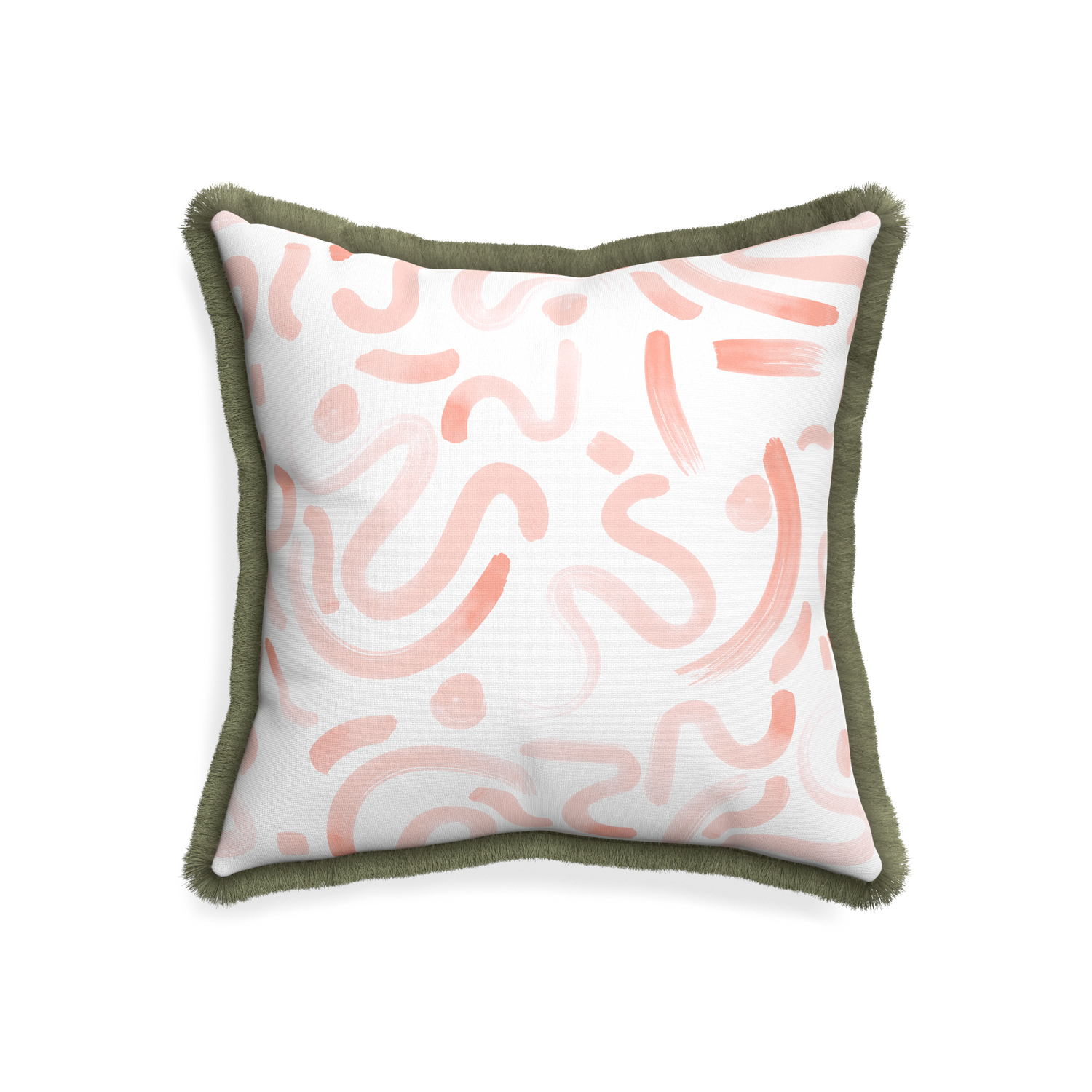 20-square hockney pink custom pillow with sage fringe on white background