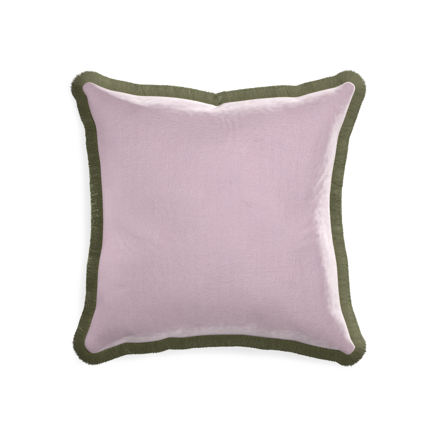 square lilac velvet pillow with sage green fringe