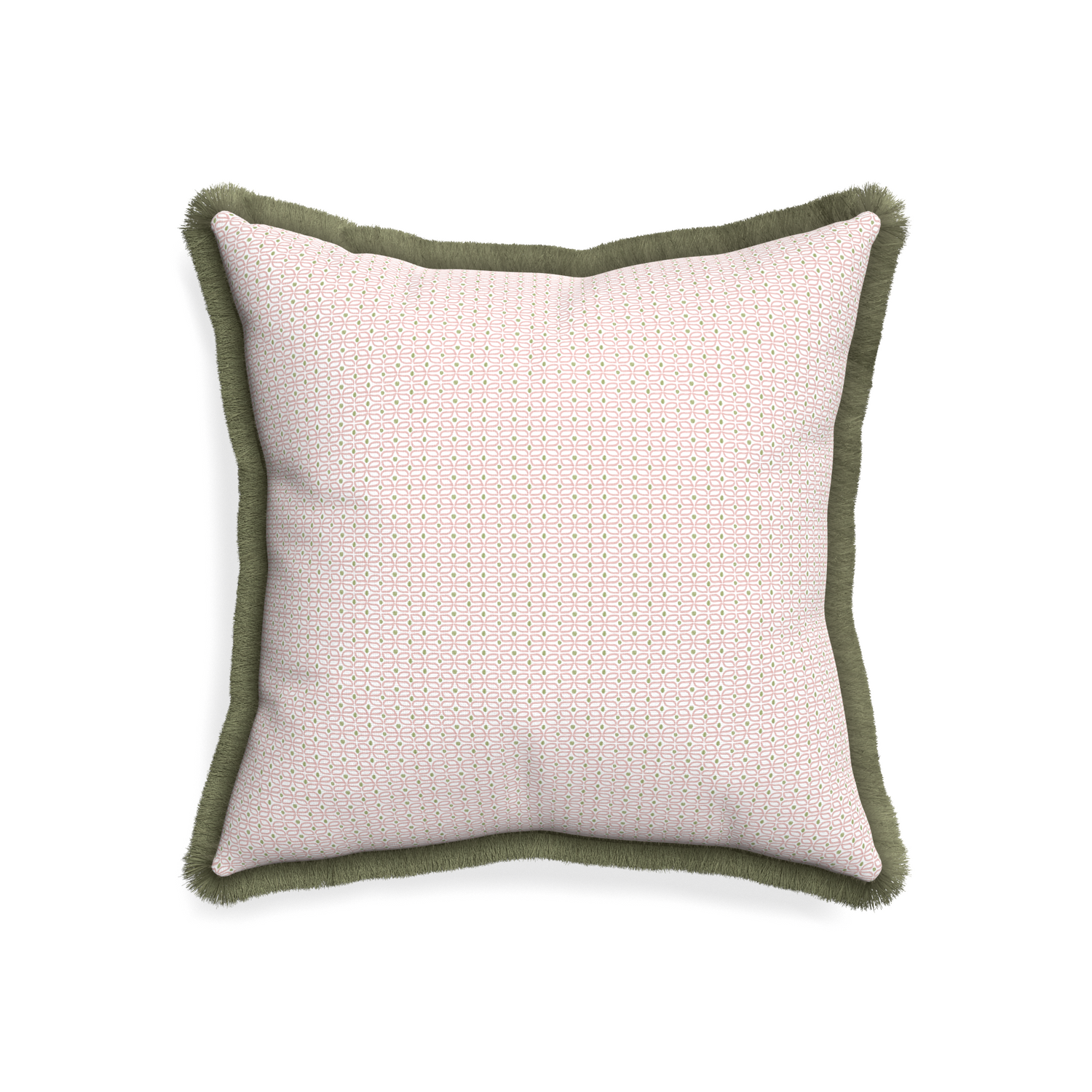 20-square loomi pink custom pillow with sage fringe on white background