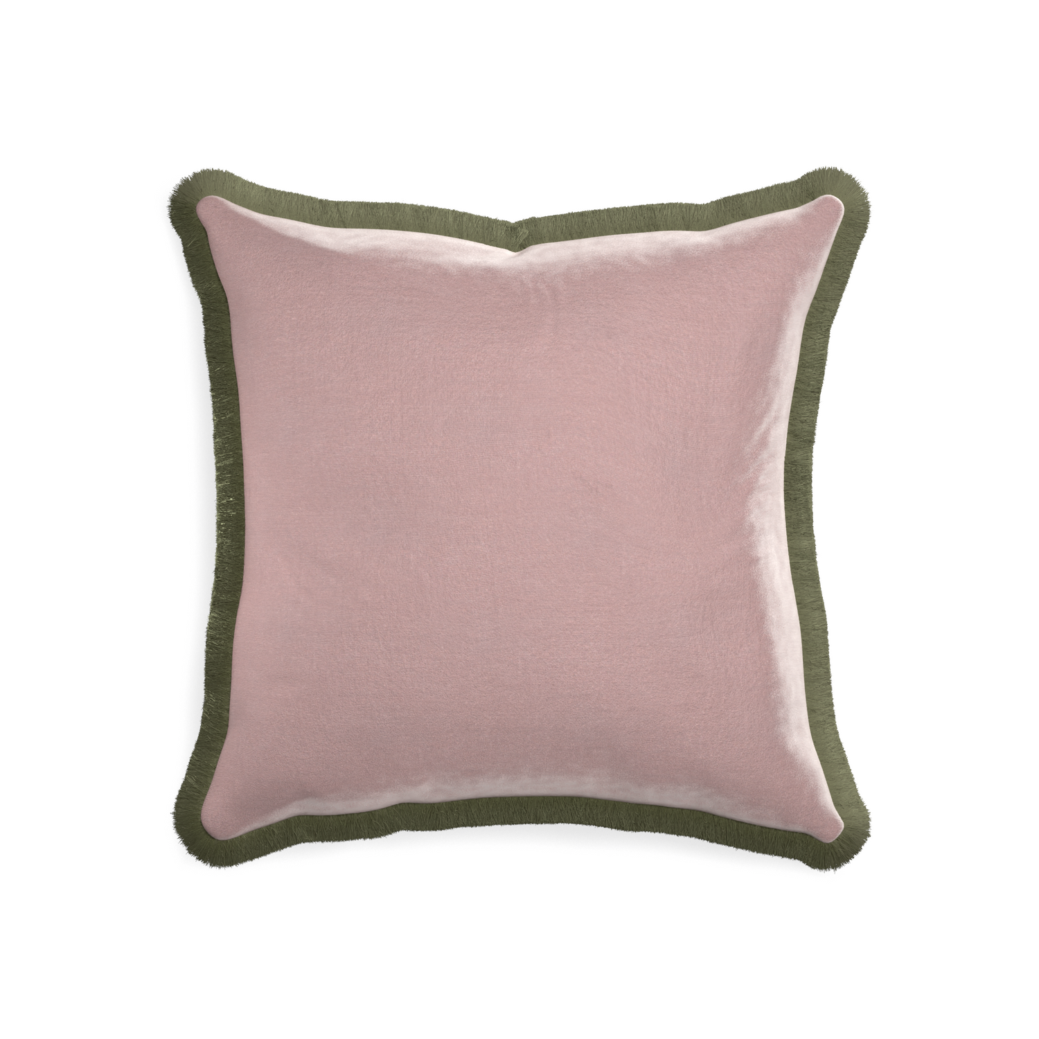 20-square mauve velvet custom pillow with sage fringe on white background