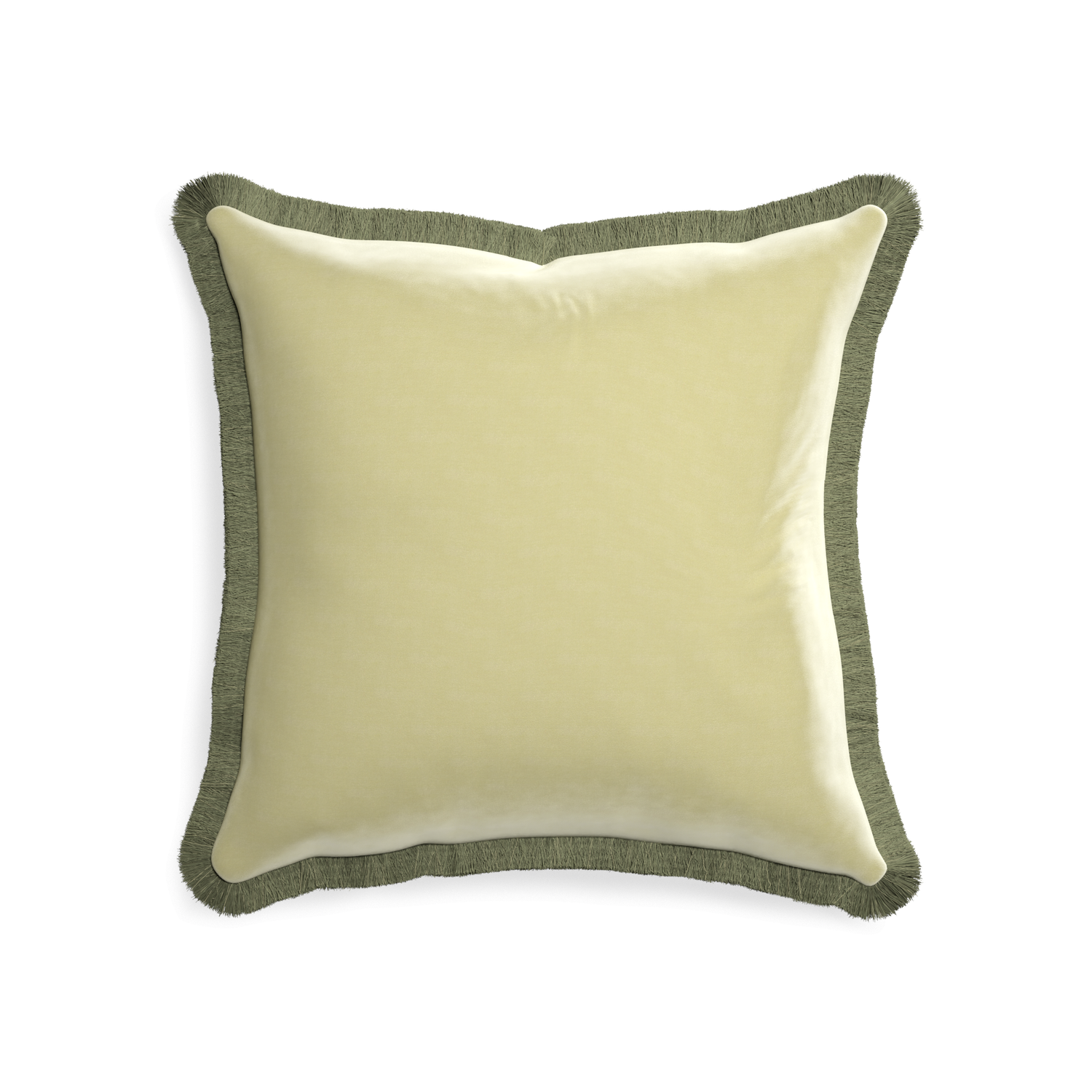 20-square pear velvet custom pillow with sage fringe on white background