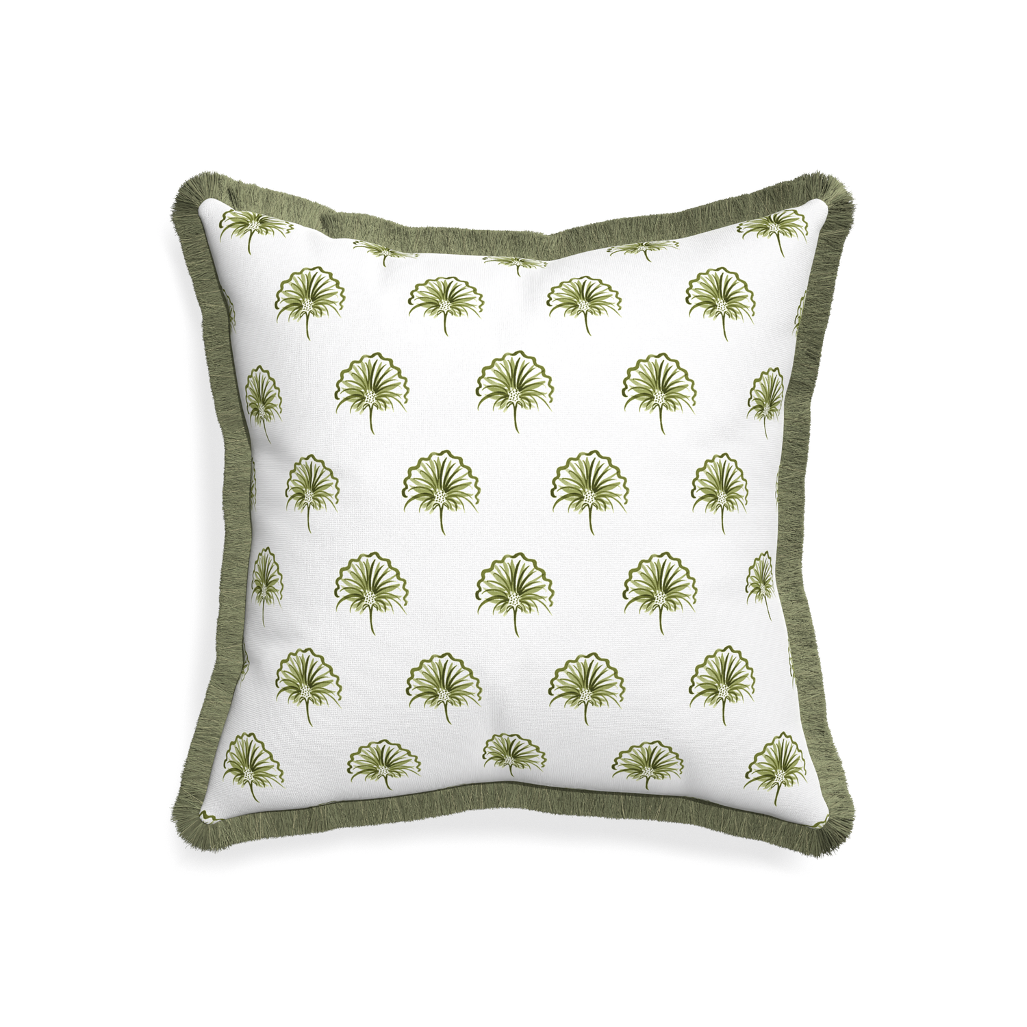 20-square penelope moss custom green floralpillow with sage fringe on white background