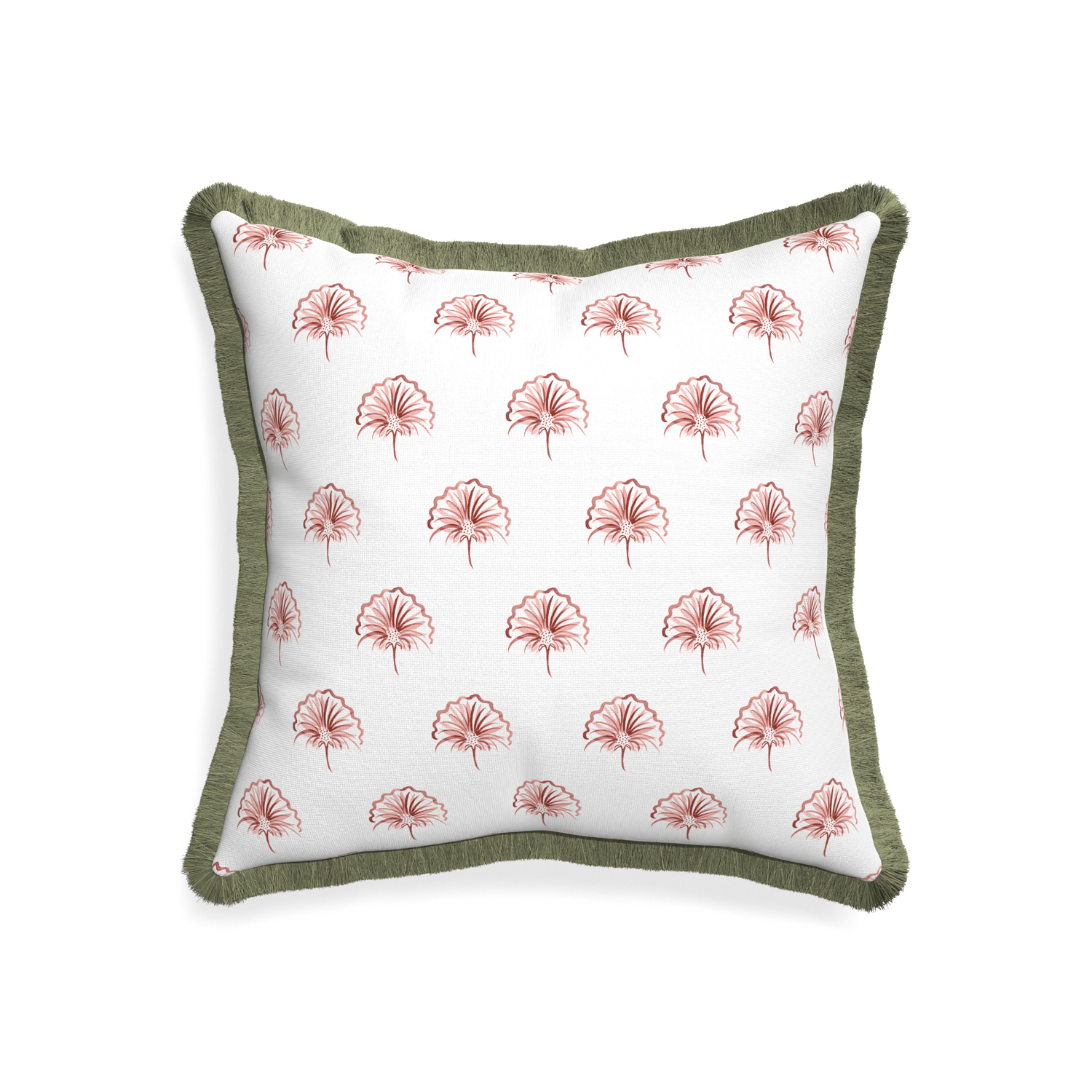 20-square penelope rose custom floral pinkpillow with sage fringe on white background
