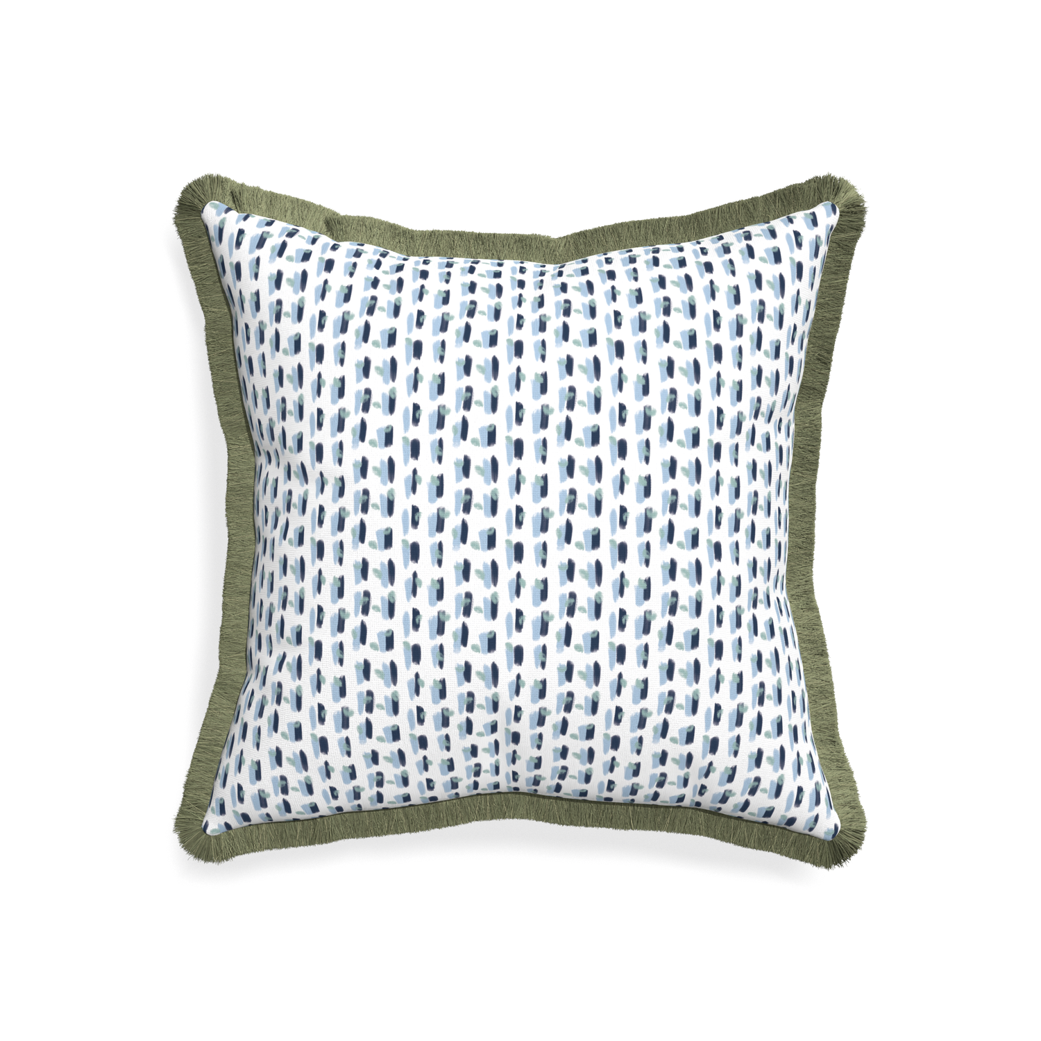 20-square poppy blue custom pillow with sage fringe on white background