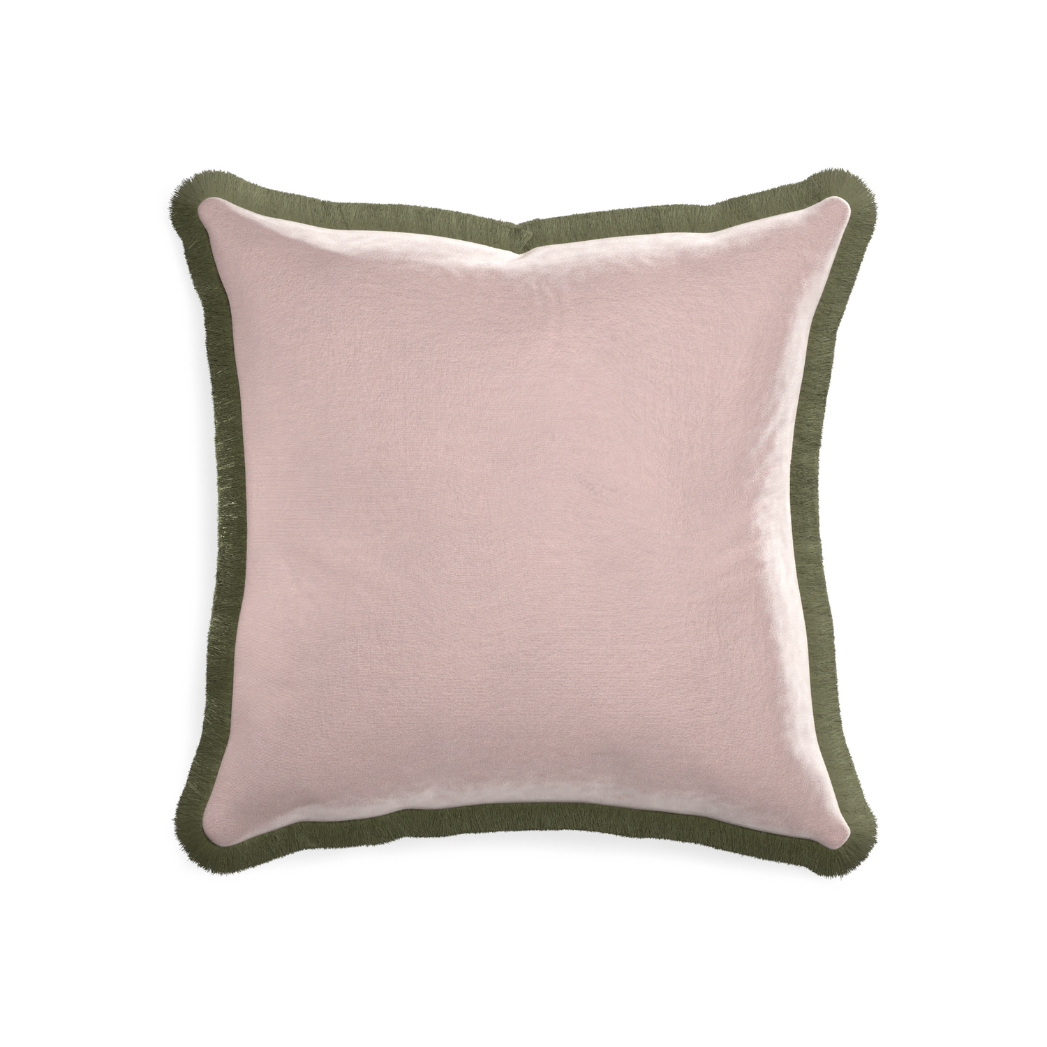 20-square rose velvet custom pillow with sage fringe on white background