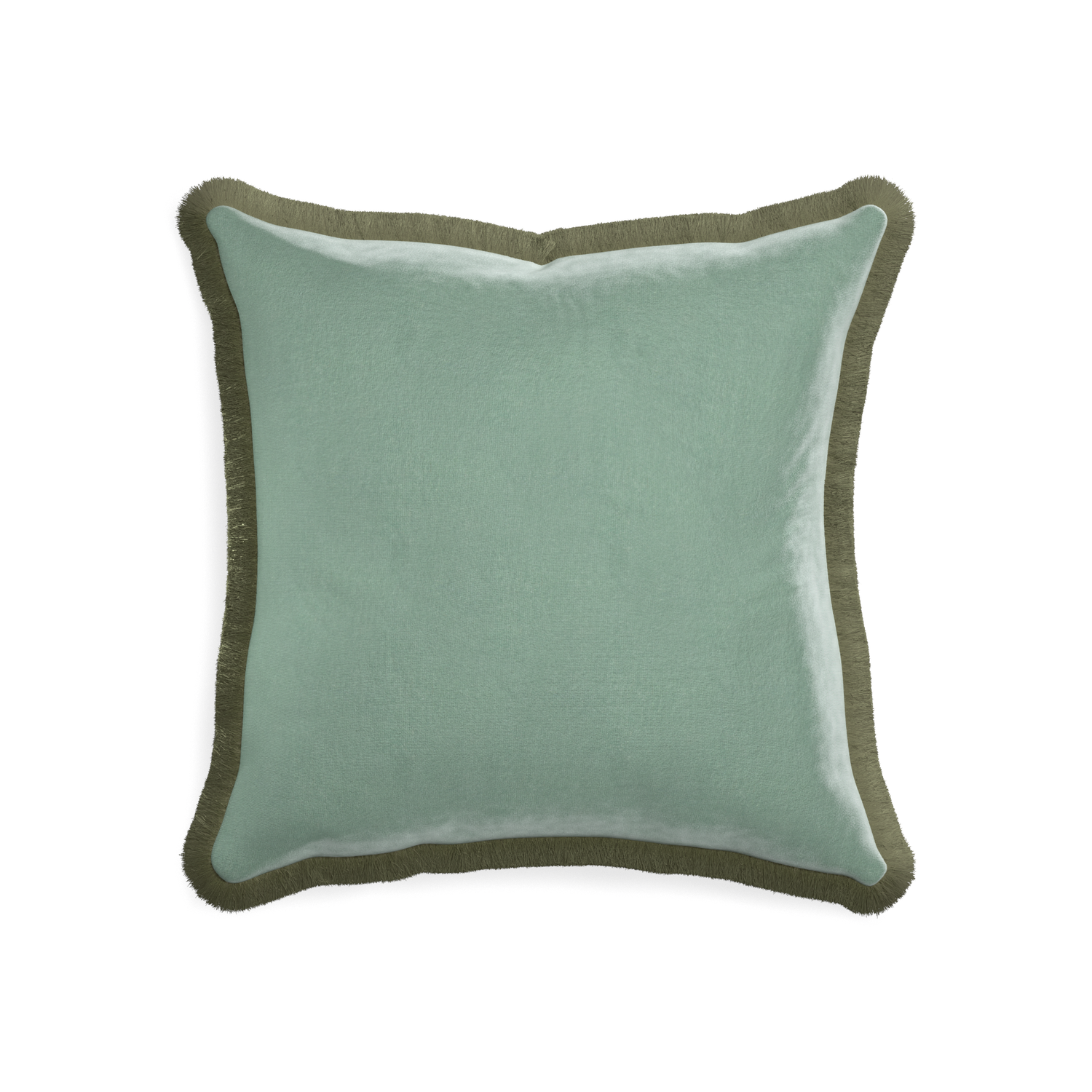square blue green velvet pillow with sage green fringe