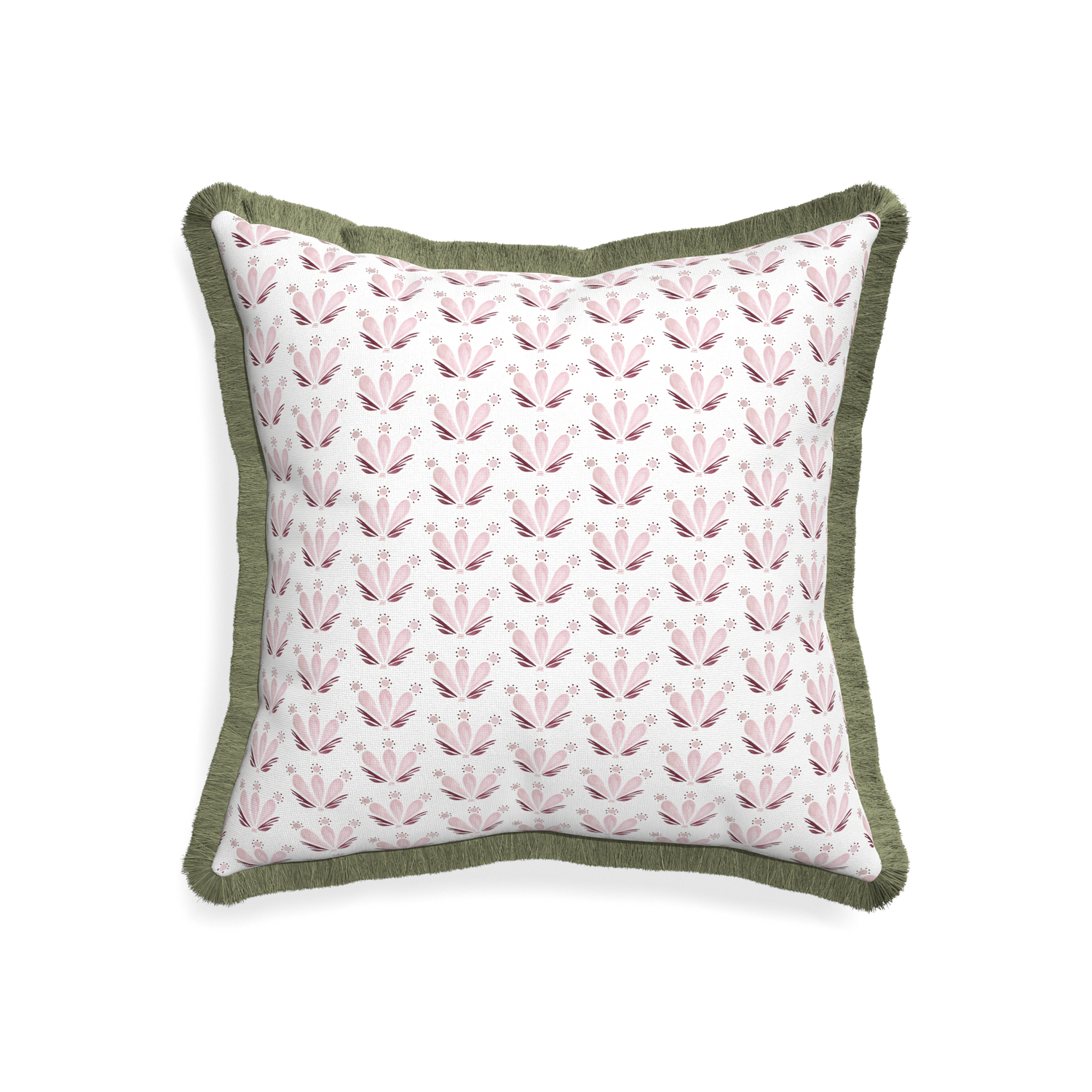 20-square serena pink custom pillow with sage fringe on white background