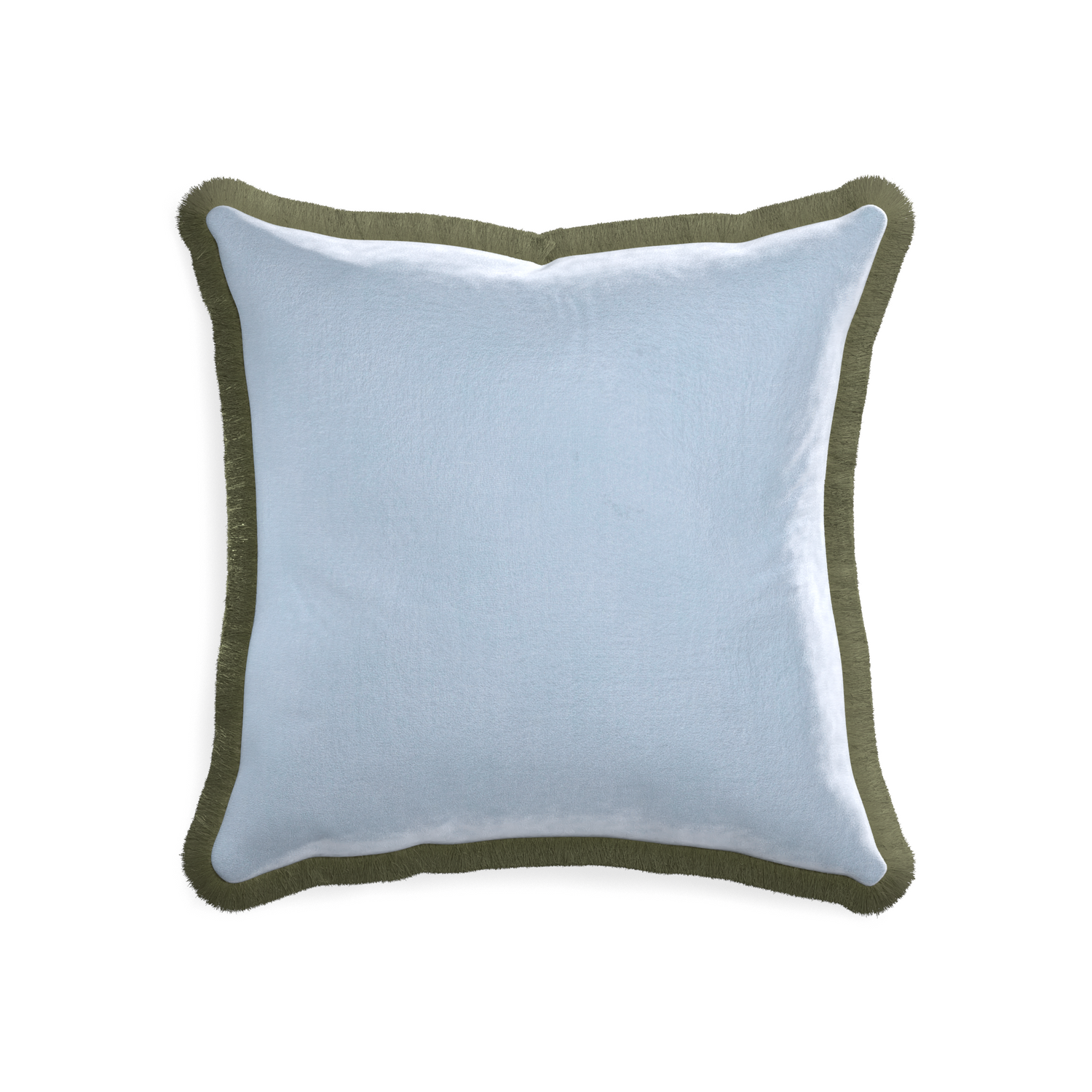 20-square sky velvet custom pillow with sage fringe on white background