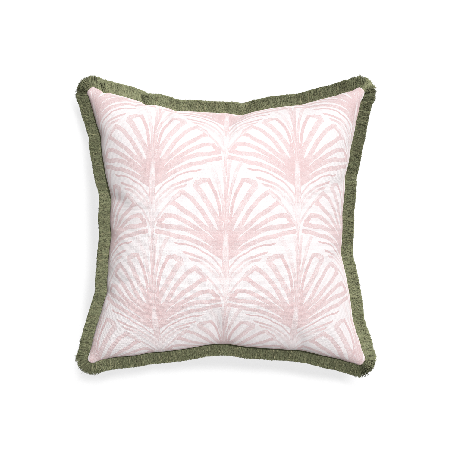 20-square suzy rose custom pillow with sage fringe on white background