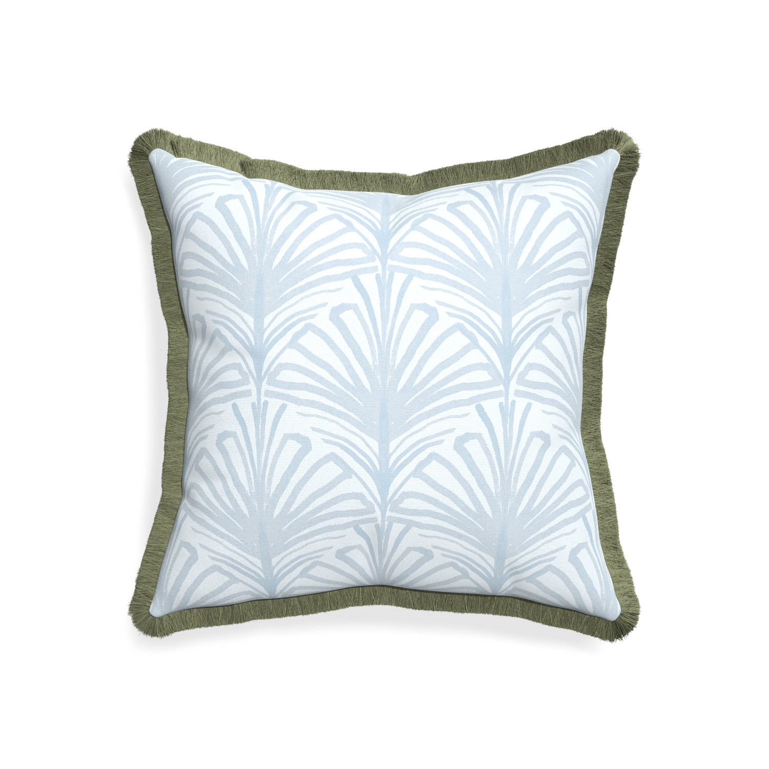 20-square suzy sky custom pillow with sage fringe on white background