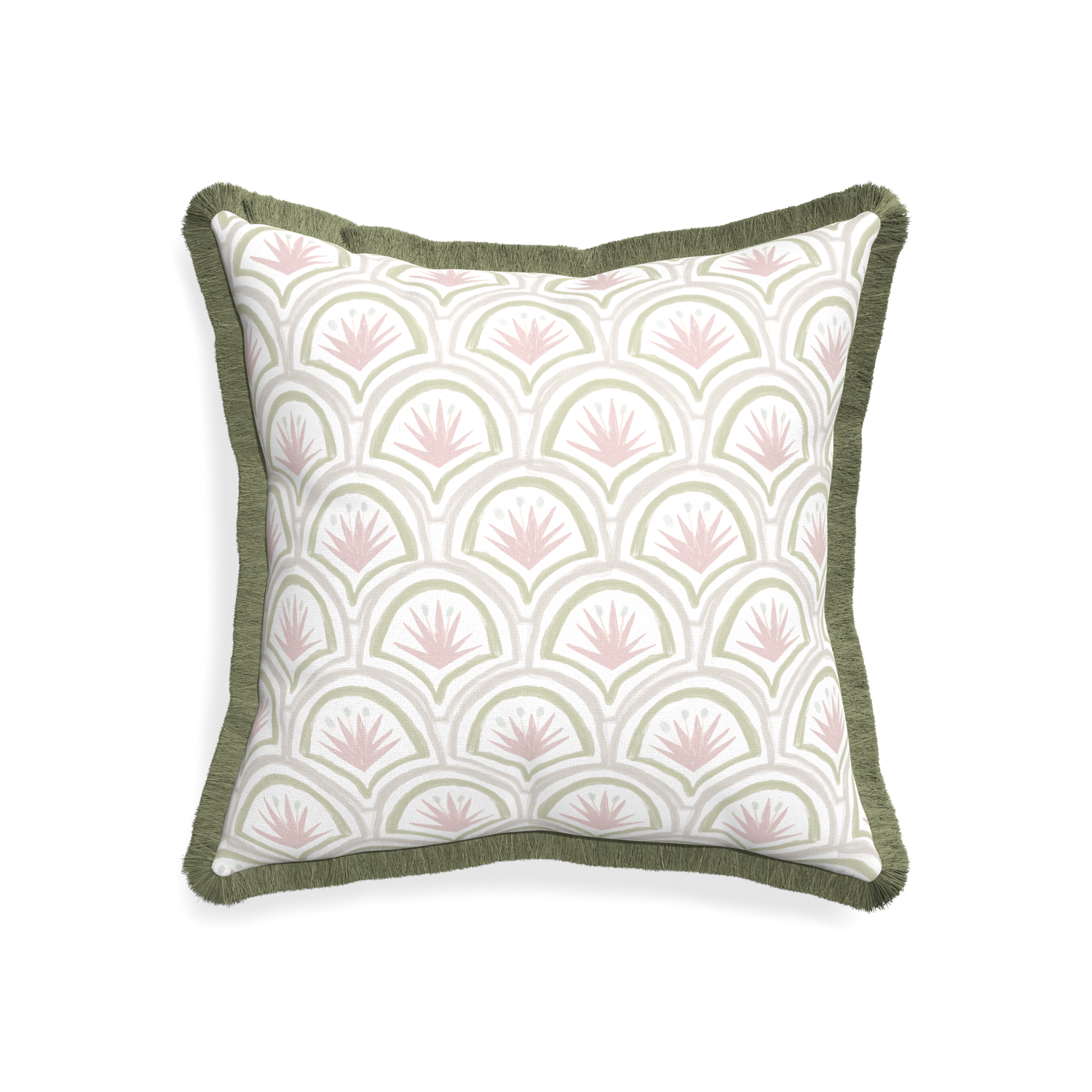 20-square thatcher rose custom pillow with sage fringe on white background