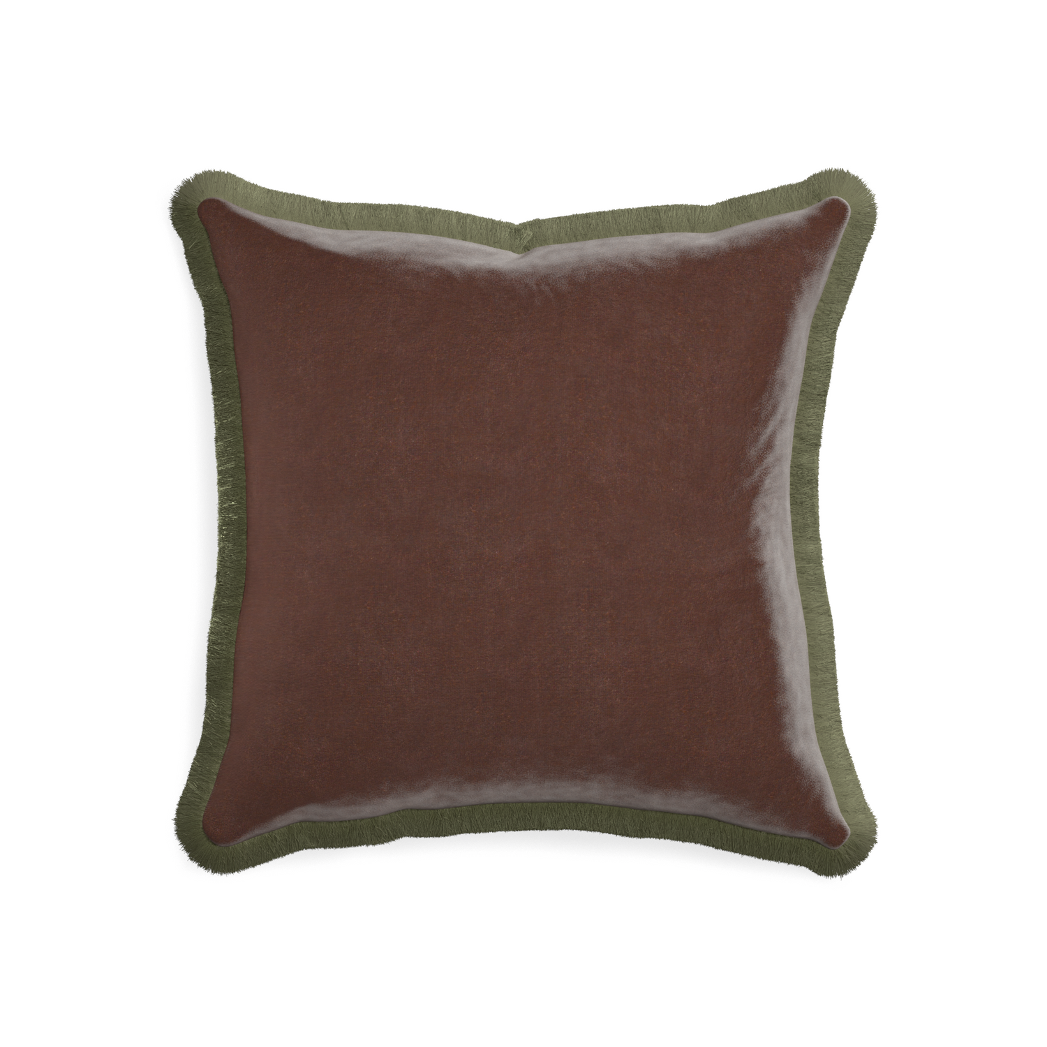 square brown velvet pillow with sage green fringe