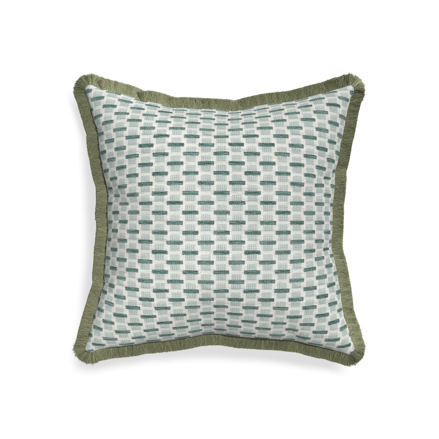 20-square willow mint custom green geometric chenillepillow with sage fringe on white background