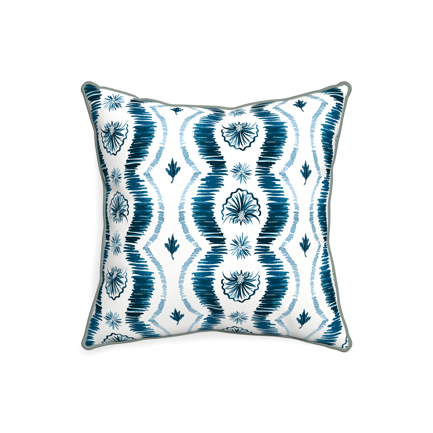20-square alice custom blue ikatpillow with sage piping on white background