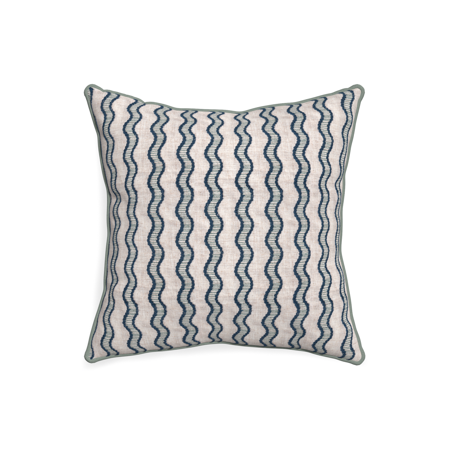 20-square beatrice custom embroidered wavepillow with sage piping on white background