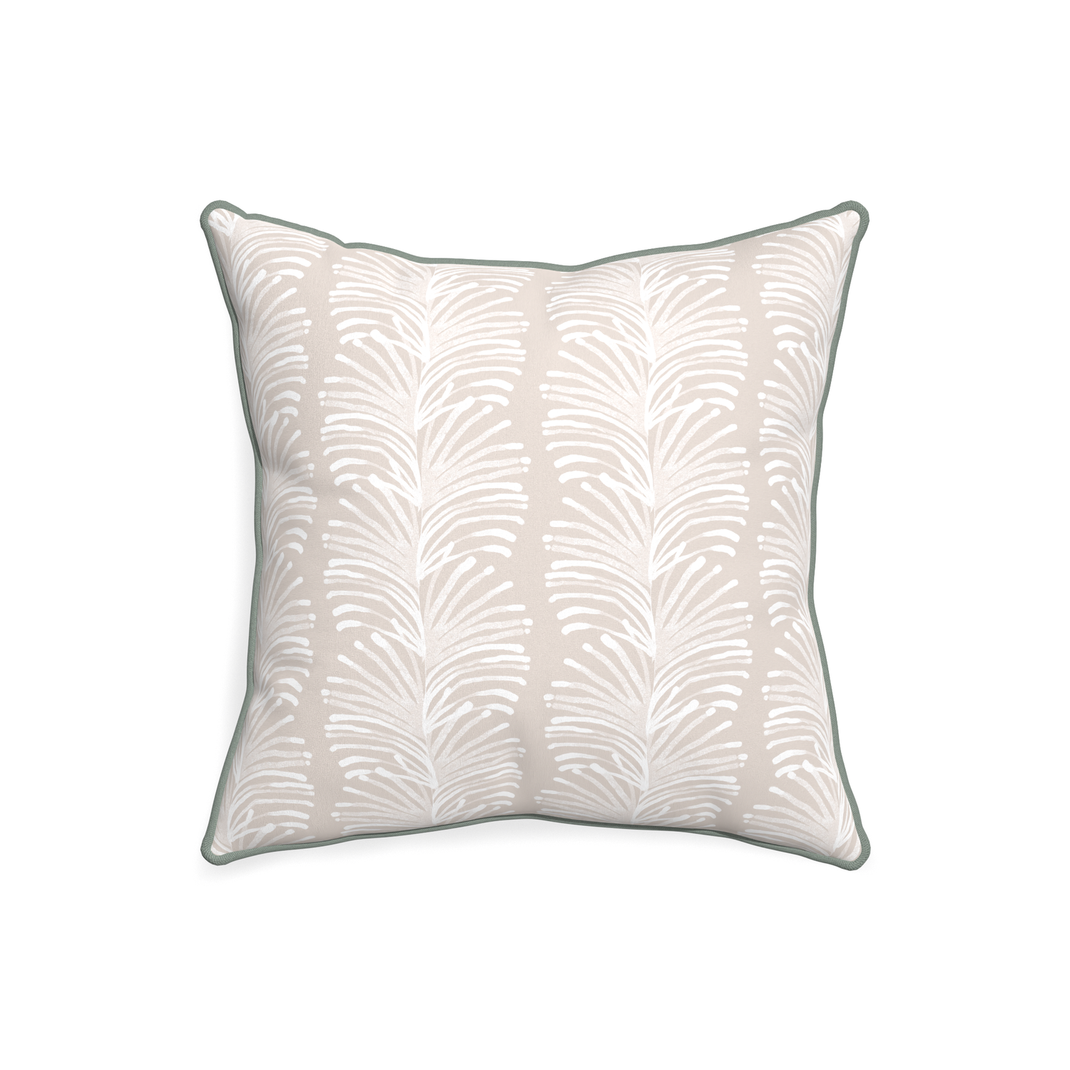 20-square emma sand custom sand colored botanical stripepillow with sage piping on white background