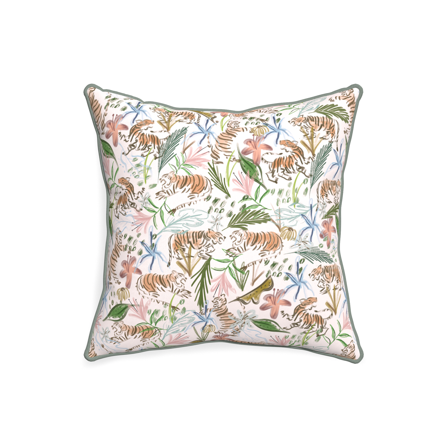 20-square frida pink custom pink chinoiserie tigerpillow with sage piping on white background