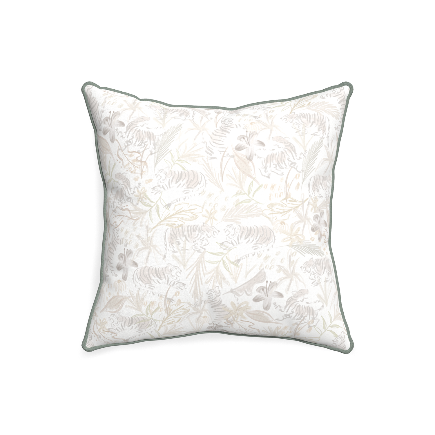 20-square frida sand custom beige chinoiserie tigerpillow with sage piping on white background