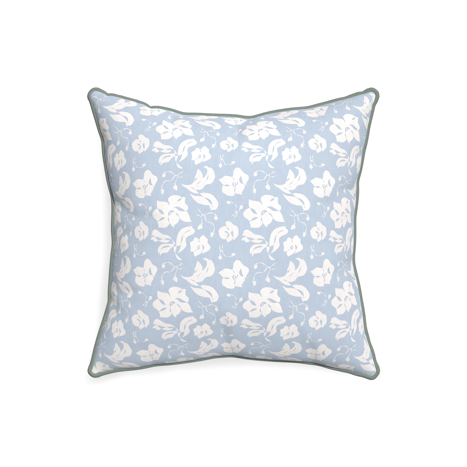 20-square georgia custom cornflower blue floralpillow with sage piping on white background