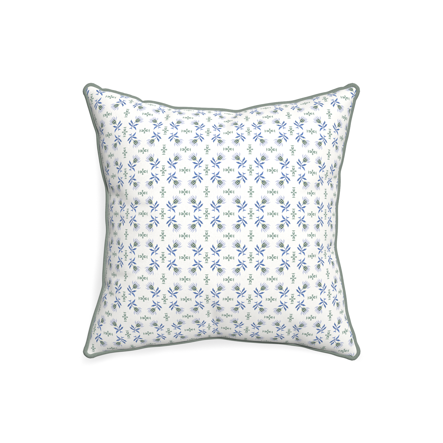 20-square lee custom blue & green floralpillow with sage piping on white background