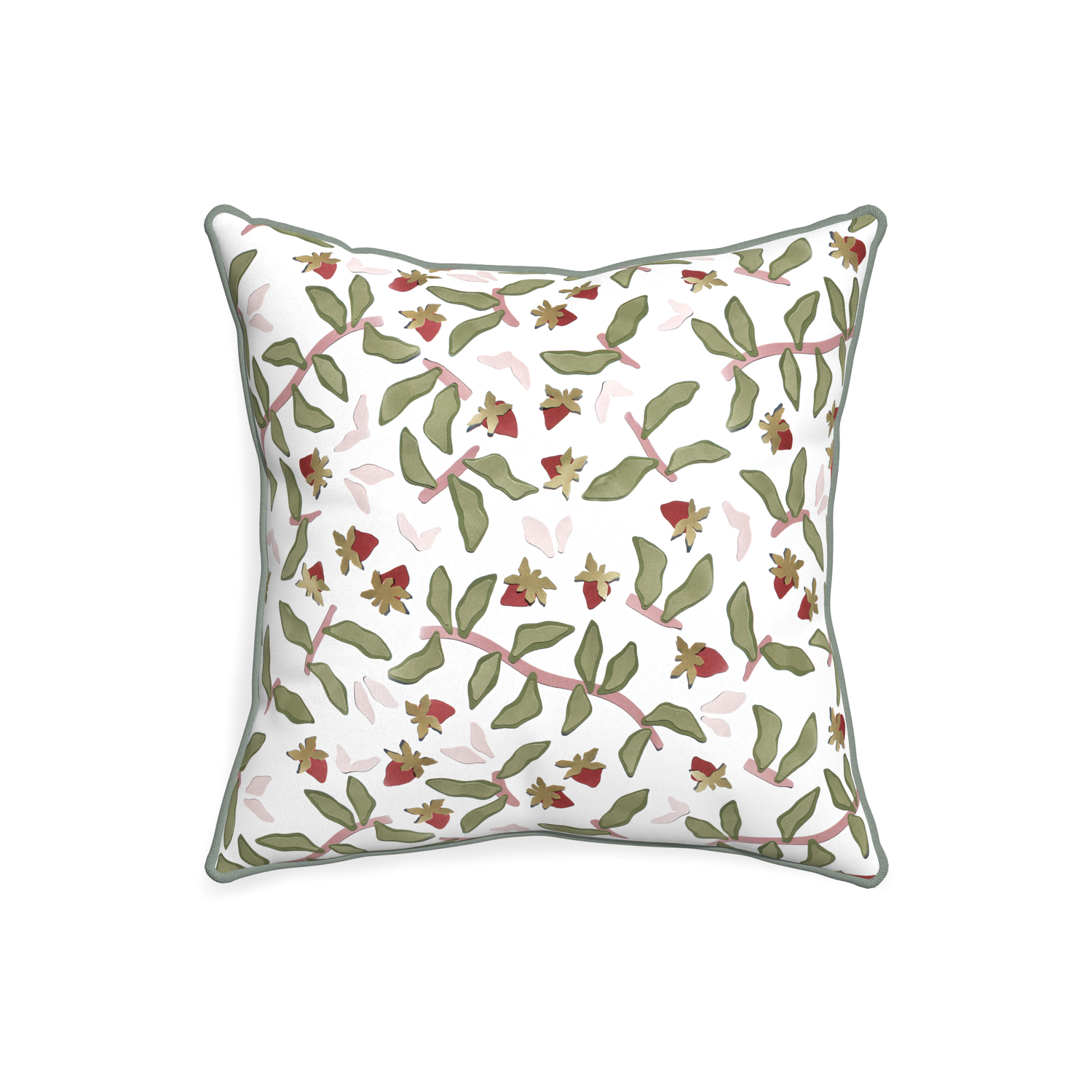 20-square nellie custom strawberry & botanicalpillow with sage piping on white background