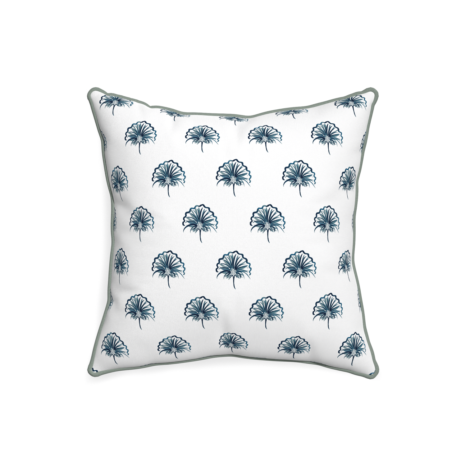 20-square penelope midnight custom floral navypillow with sage piping on white background